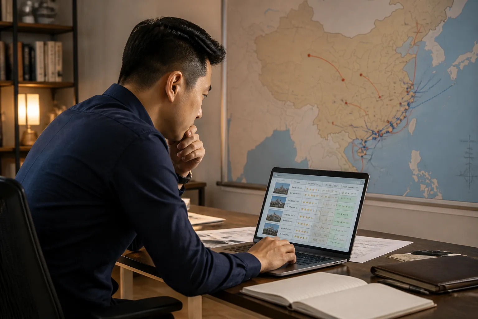 buying products produced in another country is known as - Editorial photo of a sourcing manager reviewing a supplier comparison dashboard on a laptop, with a map showing China export logistics routes in the background