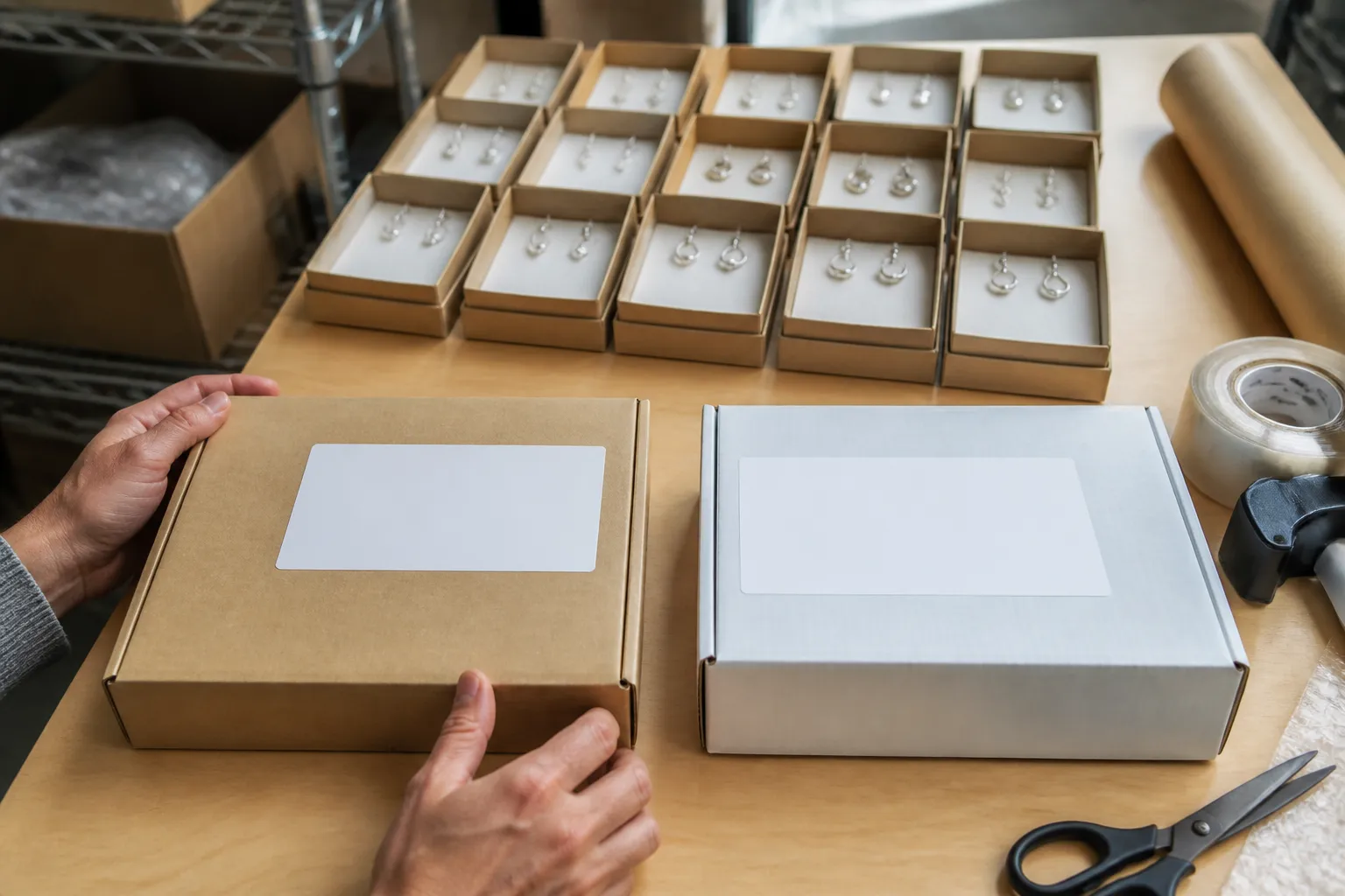 silver earrings - Editorial photo of a seasonal jewelry display in a DTC fulfillment context — silver earring sets in gifting packaging, with shipping labels showing US and EU destination addresses, illustrating peak-season cross-border fulfillment scale