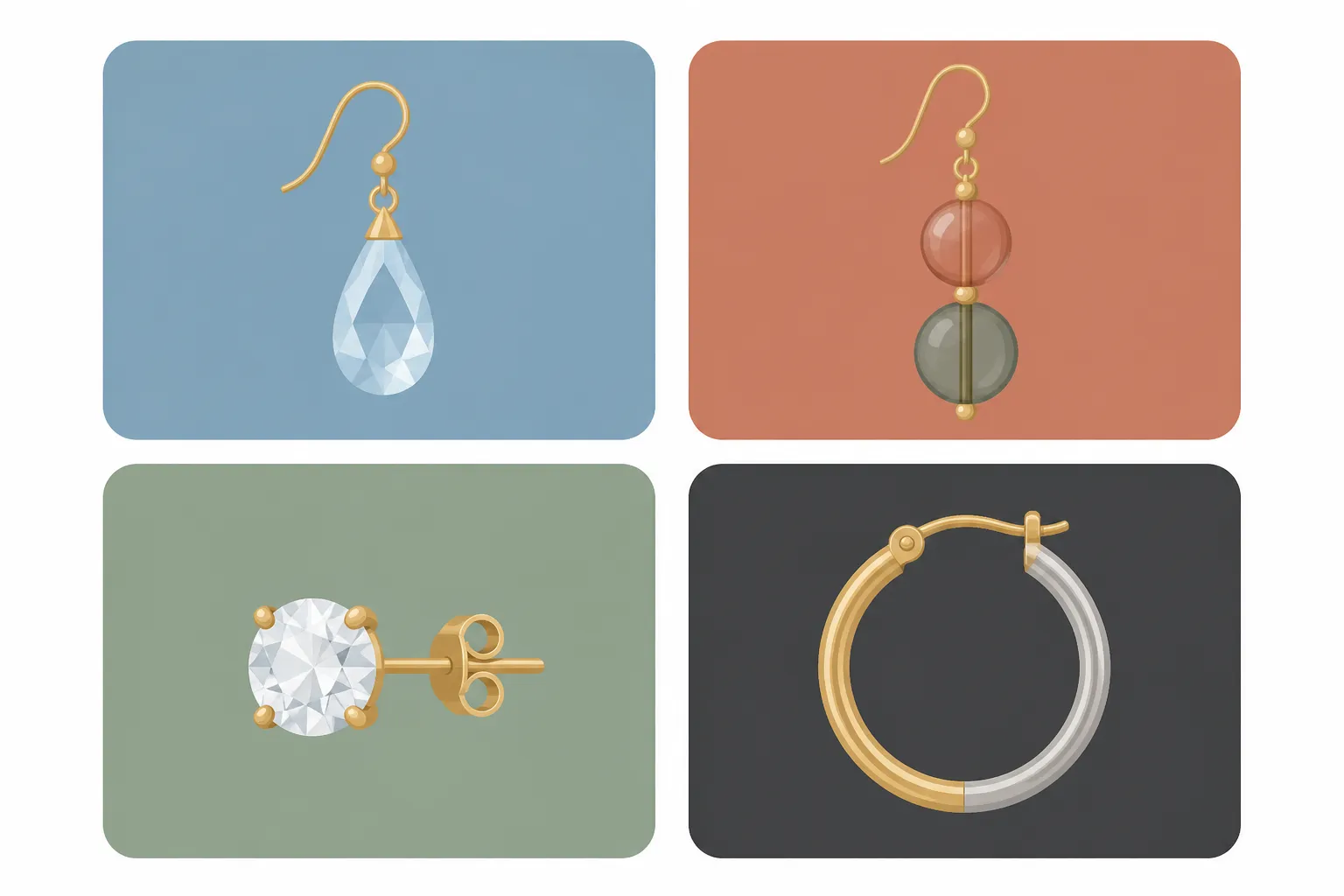 pendientes mujer - Diagrama plano informativo con cuatro zonas de color diferenciadas —azul, terracota, verde salvia y gris carbón— cada una representando un estilo de pendientes mujer (colgante de cristal, cuenta de vidrio bicolor, rhinestone, dos tonos), con iconos simples de cada tipo de pendiente y etiquetas de texto indicando el perfil de mercado objetivo de cada estilo