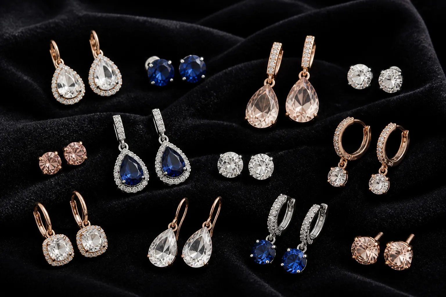 pendientes swarovski - Fotografía editorial de una colección de pendientes de cristal tipo Swarovski sobre terciopelo negro, mostrando variantes de gota, tachón y aro con diferentes acabados de color