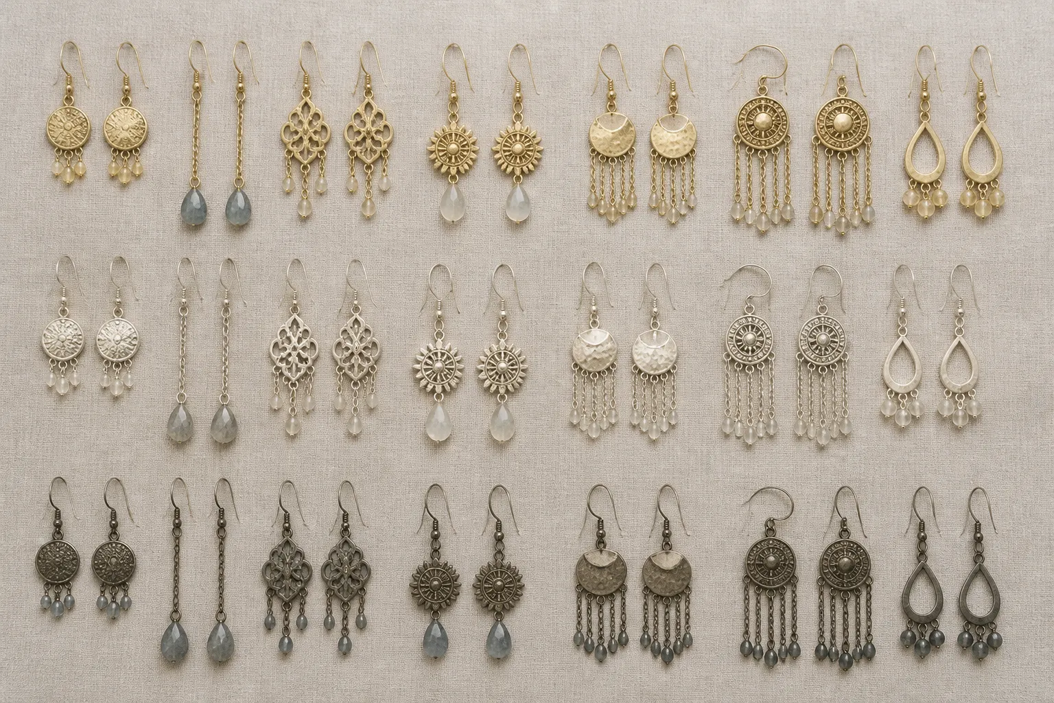 acheter or et argent - Tableau de moodboard OEM montrant différentes options de finitions, couleurs et styles de boucles d'oreilles pendantes disponibles en personnalisation pour les acheteurs B2B