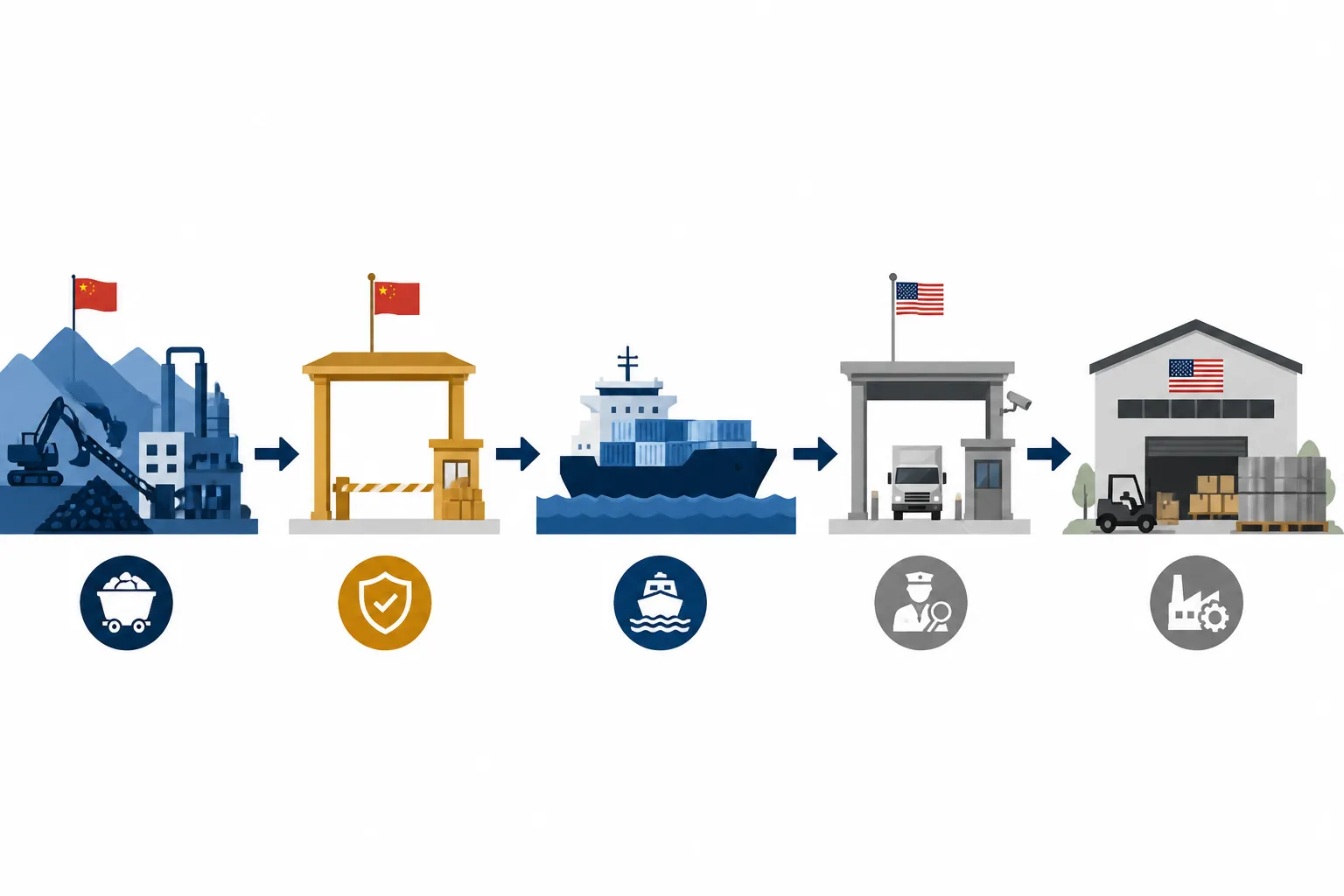 china us rare earth trade - Informational diagram showing the U.S. rare earth import supply chain — from Chinese mine/processor through export licensing, ocean freight, U.S. Customs and Border Protection entry, and final delivery to U.S. industrial buyer — with regulatory checkpoints labeled at each stage