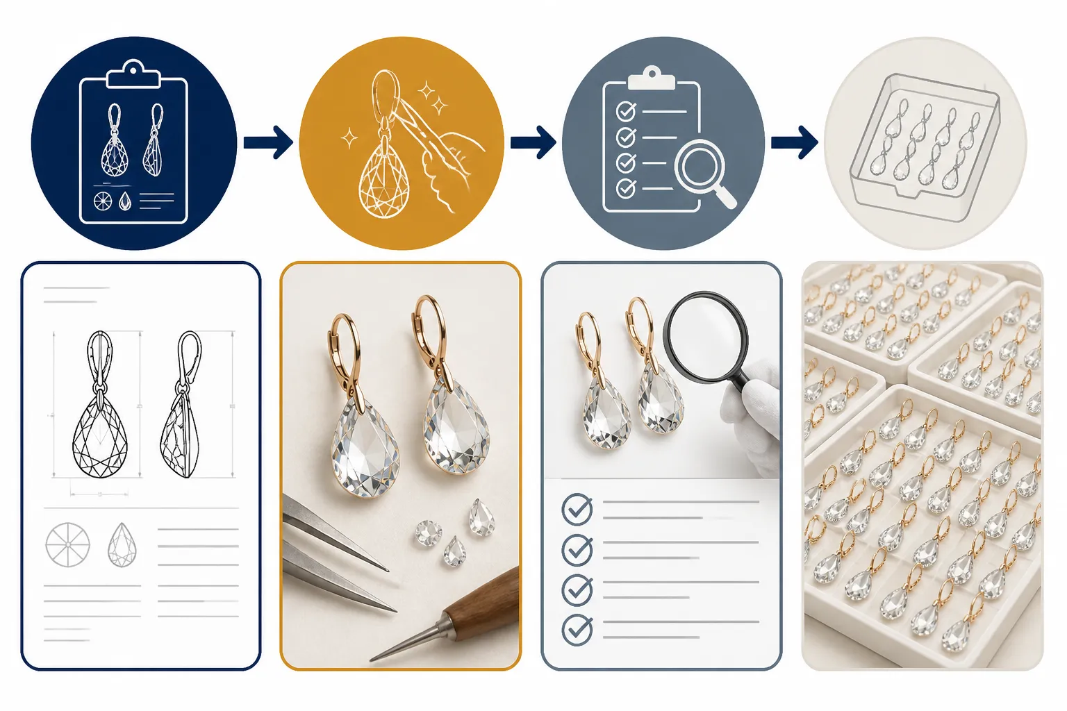 pendientes swarovski - Diagrama comparativo mostrando el proceso OEM de personalización de pendientes de cristal: desde la ficha técnica del comprador hasta el prototipo, aprobación QC y producción en serie