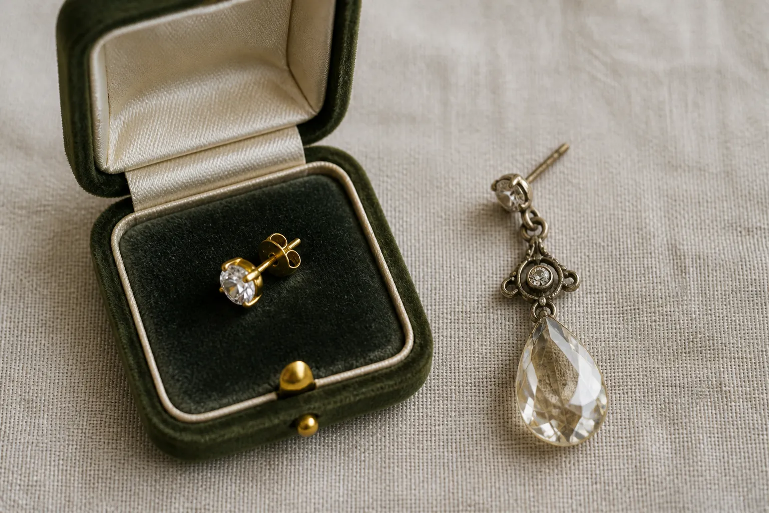 acheter or et argent - Comparaison côte à côte entre une boucle d'oreille en or 18K dans son écrin joaillerie et une boucle pendante en cristal vintage sur fond neutre, illustrant les deux segments de marché