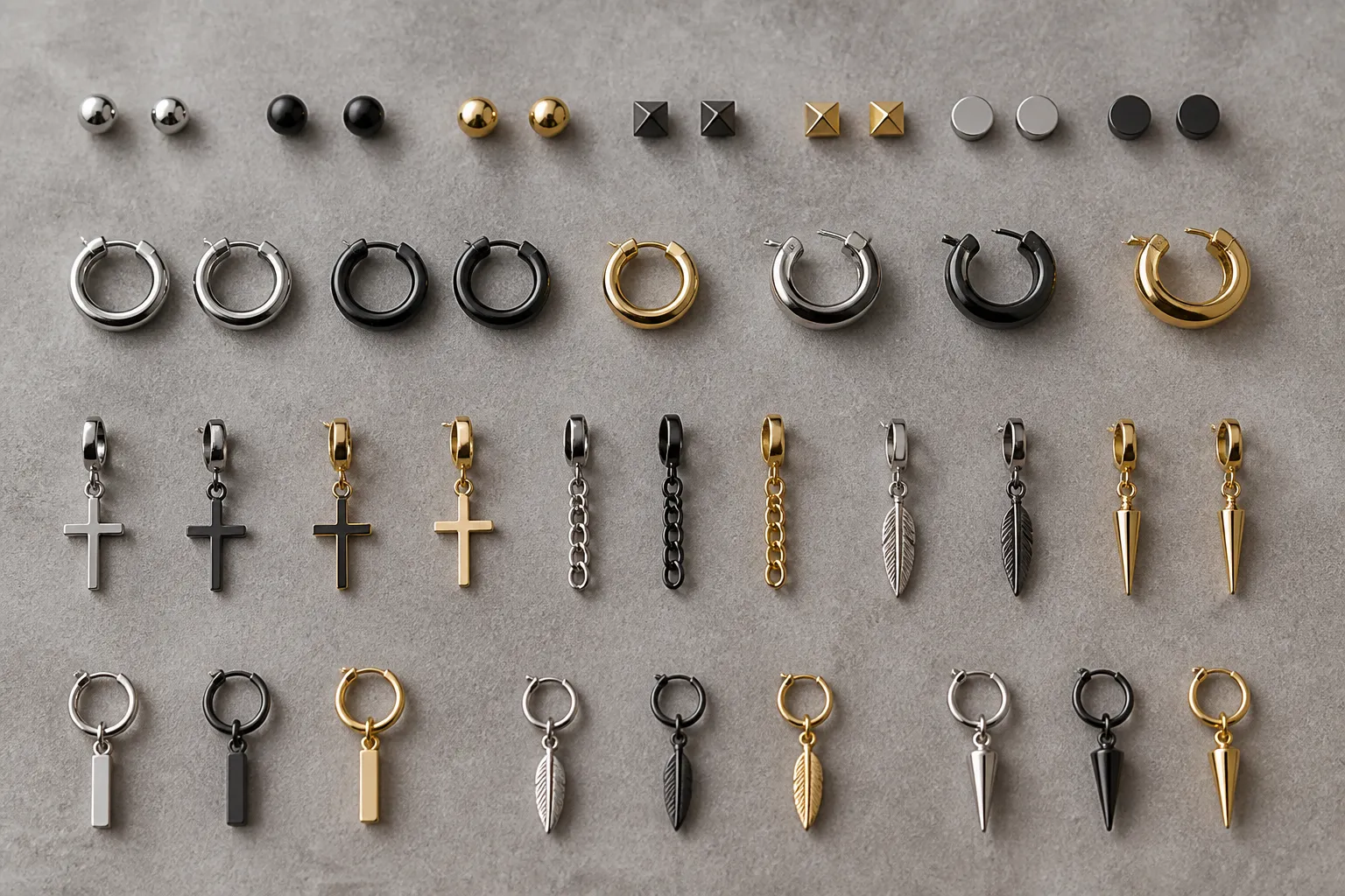 ohrringe männer - Flach ausgelegte Kollektion verschiedener Herren-Ohrringe – Ohrstecker, Creolen und Tropfenohrringe in Silber, Gold und schwarzem Stahl, angeordnet auf strukturiertem grauem Hintergrund für eine übersichtliche Produktdarstellung