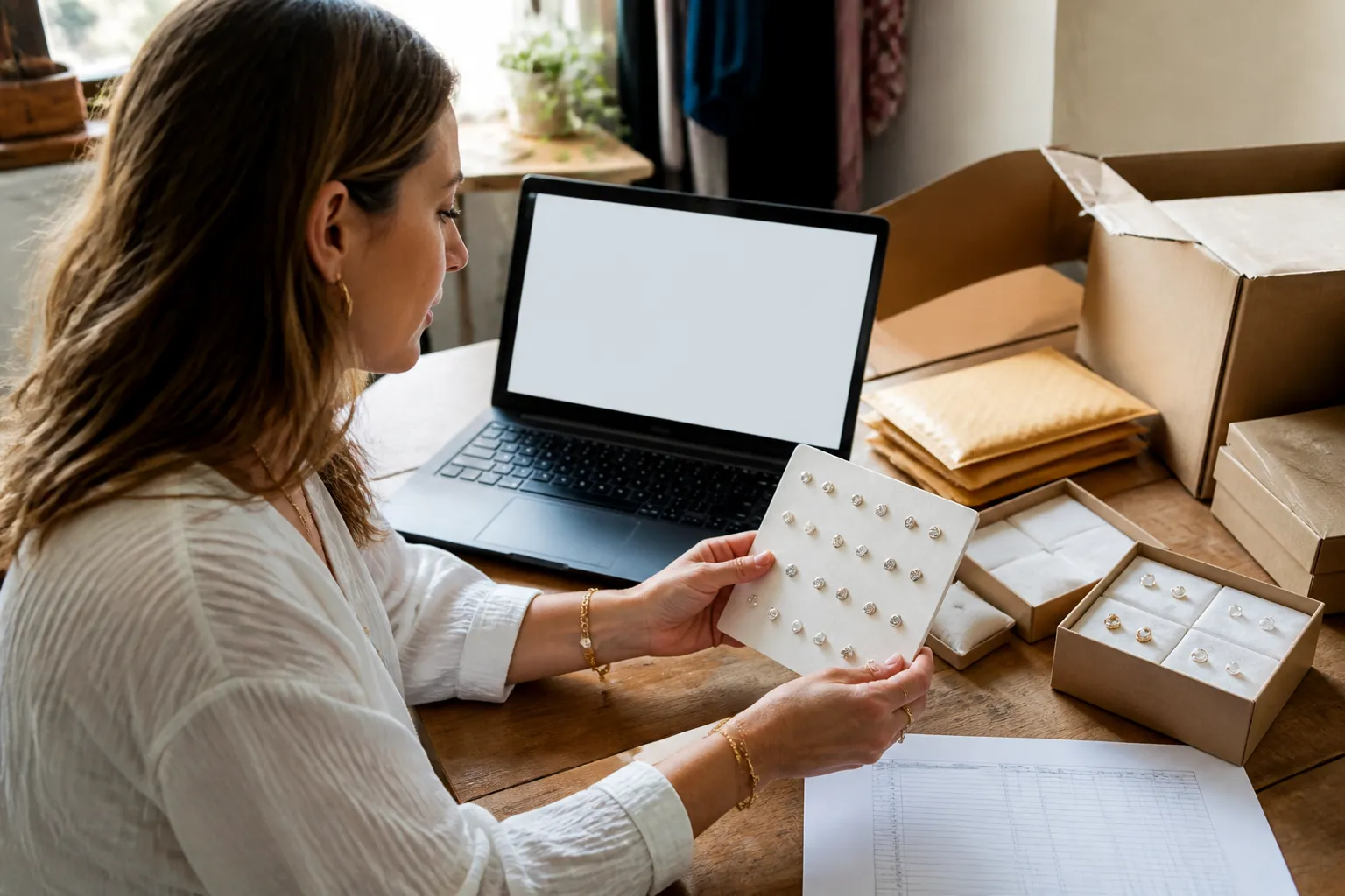 stud earrings for women - Photorealistic scene of a U.S.-based boutique buyer reviewing a stud earring sample pack at a desk, with a laptop showing a supplier inquiry form, packaging samples, and a shipping manifest — illustrating the procurement workflow for importing stud earrings from an OEM partner
