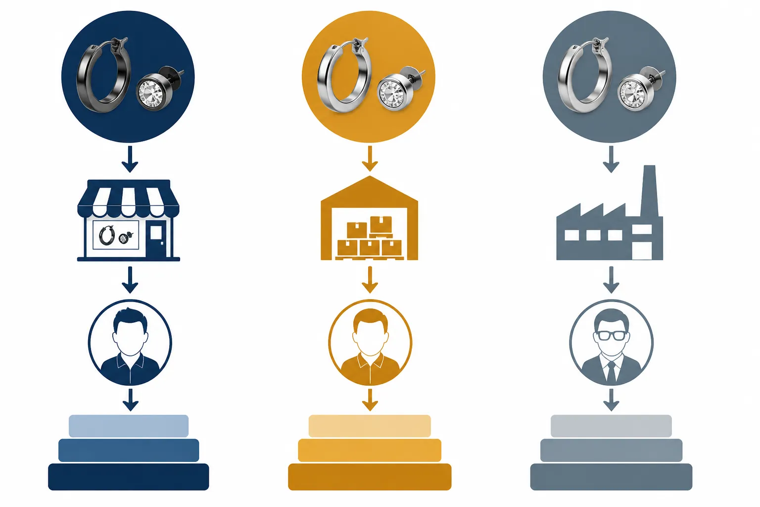 ohrringe männer - Infografik-Diagramm mit Vergleich von Beschaffungswegen für Herren-Ohrringe – Einzelhandel vs. Großhandel vs. OEM-Hersteller, mit Pfeilen zu typischen Einkäuferprofilen und Kostenstufen
