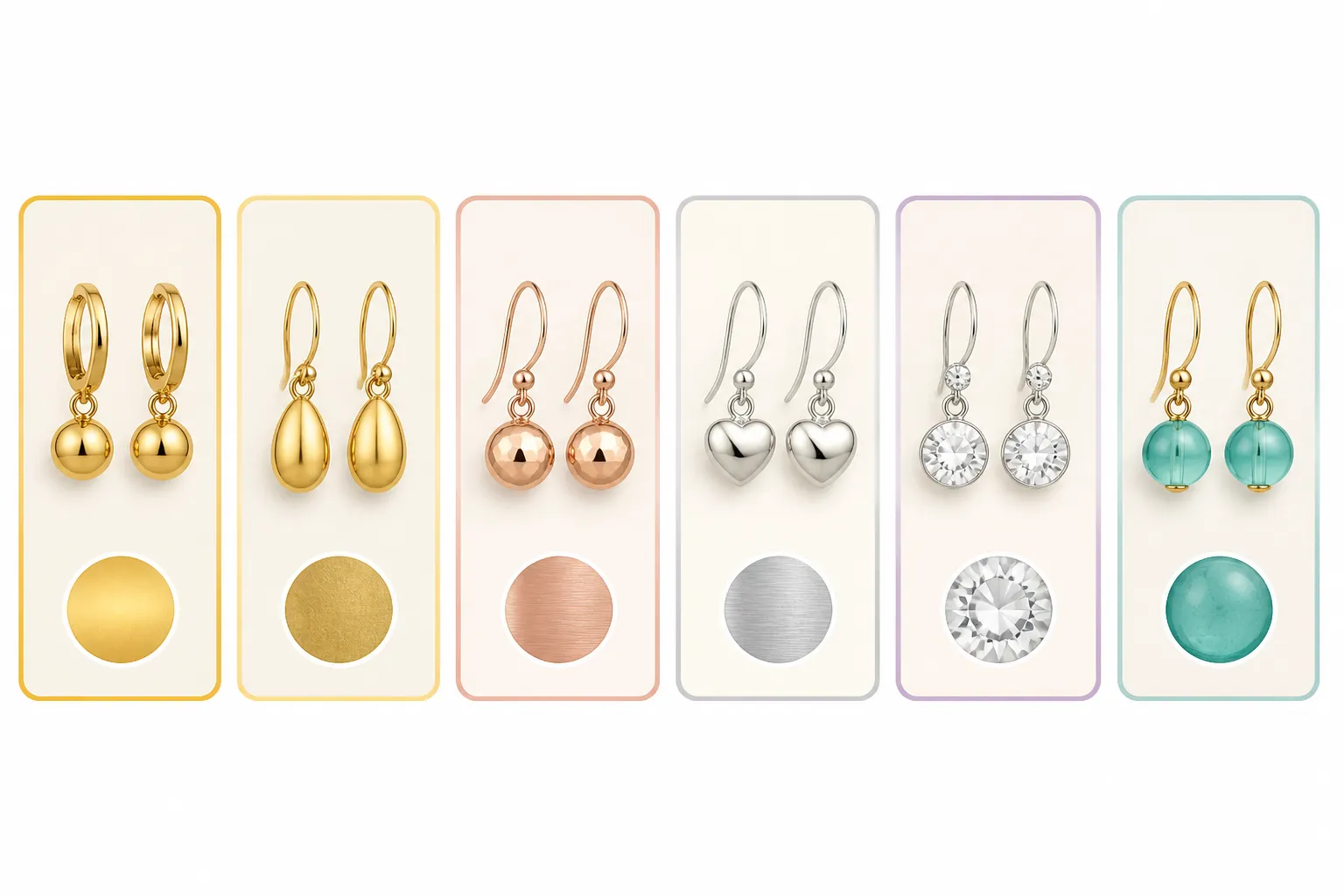 gold ohrringe damen - Vergleichstafel mit sechs verschiedenen Ohrringe-Typen nebeneinander – Echtgold, vergoldetes Messing, Roségold-PVD, Sterling-Silber, Kristall/Strass und Glasperlen – mit Materialbezeichnung und Preiskategorie als Annotation