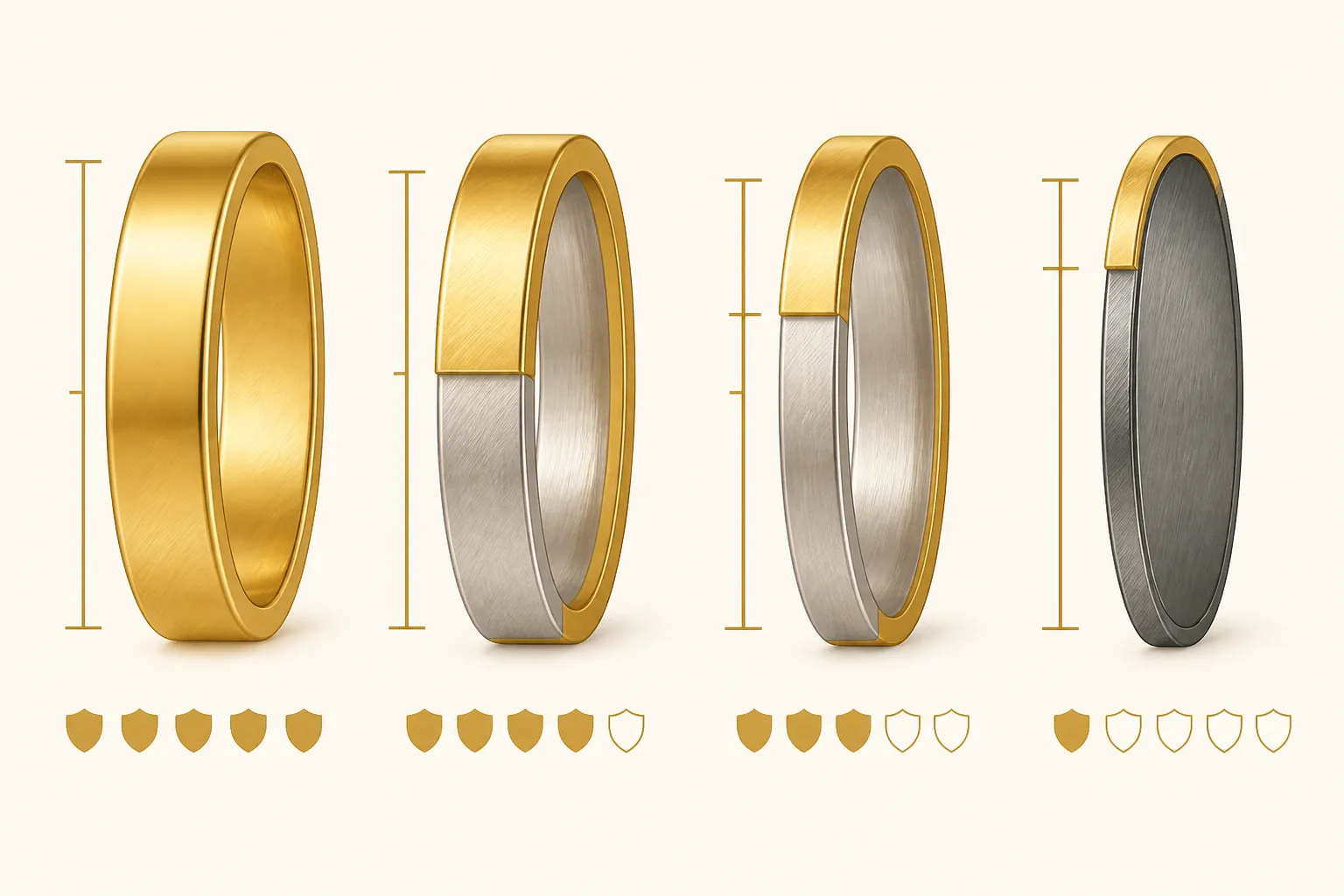 bague en or - Diagramme informatif annoté montrant la coupe transversale de quatre types de bagues (or massif 18K, vermeil, plaqué or, acier IP gold) avec indication de l'épaisseur de chaque couche de métal et de leur durabilité comparée en années d'usage quotidien