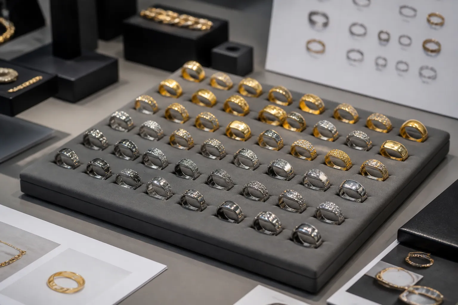 bague en or - Photo éditoriale d'un présentoir de bagues dans un contexte showroom B2B : plusieurs rangées de bagues alternatives (plaquées or, strass, acier) disposées sur un plateau de présentation professionnel, avec en arrière-plan des fiches techniques et des échantillons de packaging — illustrant le processus de sélection d'un acheteur importateur