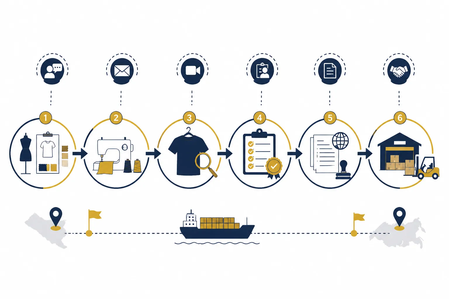 gold stud earrings - Annotated diagram showing a cross-border OEM jewelry order workflow — from style brief submission and sample approval through QC inspection and customs documentation to DTC warehouse receiving, with labeled touchpoints for multilingual communication