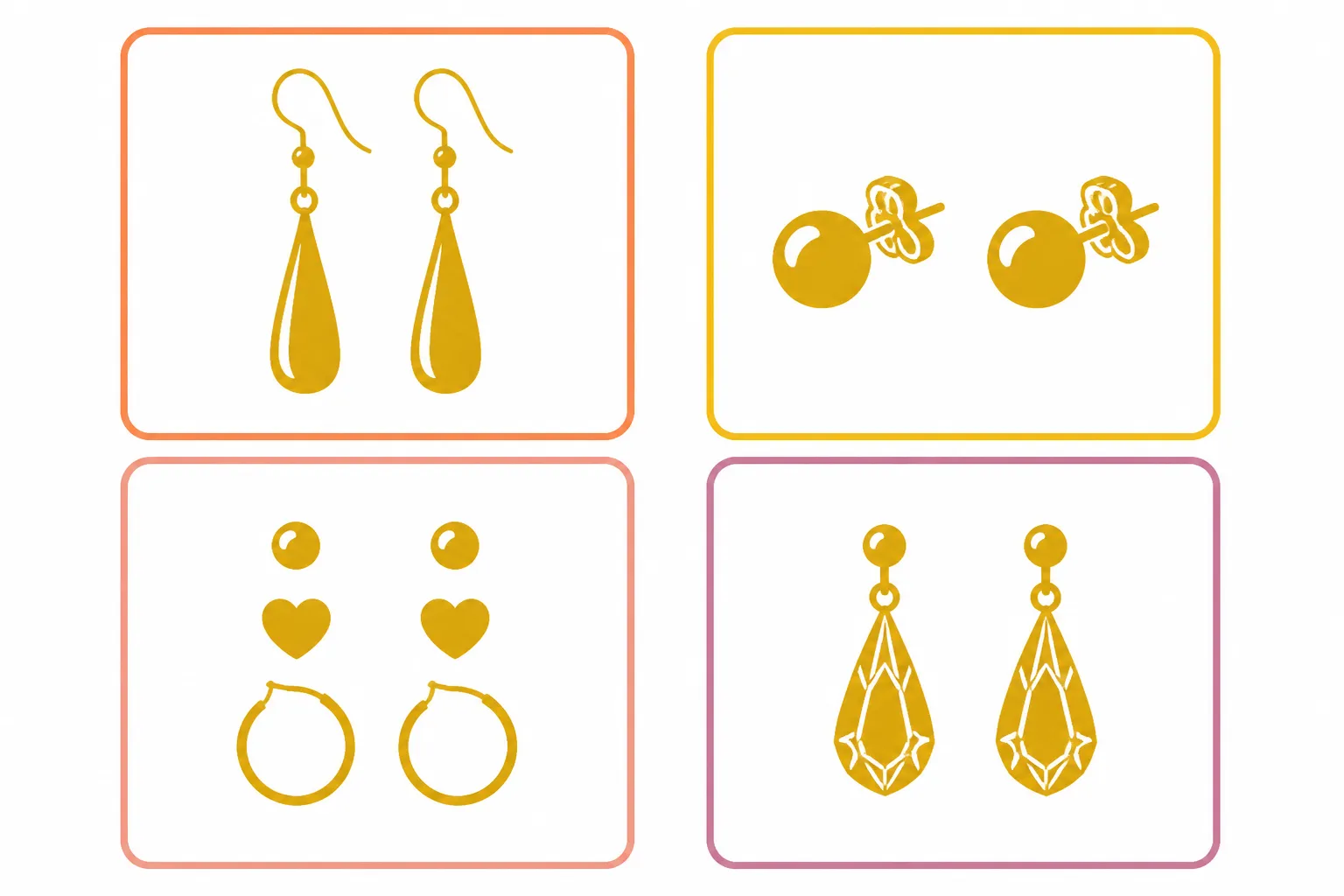 حلق ذهب - Clean informational flat-design diagram showing four categories of gold earrings — drop, stud, set, and crystal gradient — each in a distinct color zone with a simple silhouette icon and Arabic label, white background, structured grid layout