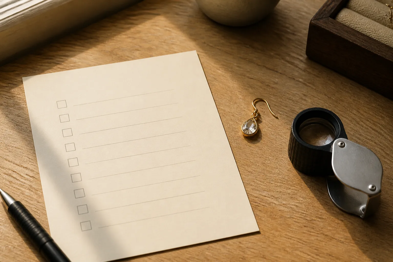 حلق ذهب - Editorial flat-lay photo of a procurement checklist printed on cream paper beside a small sample gold drop earring and a magnifying loupe on a light oak desk surface, warm side lighting, authentic workspace atmosphere, no text on paper