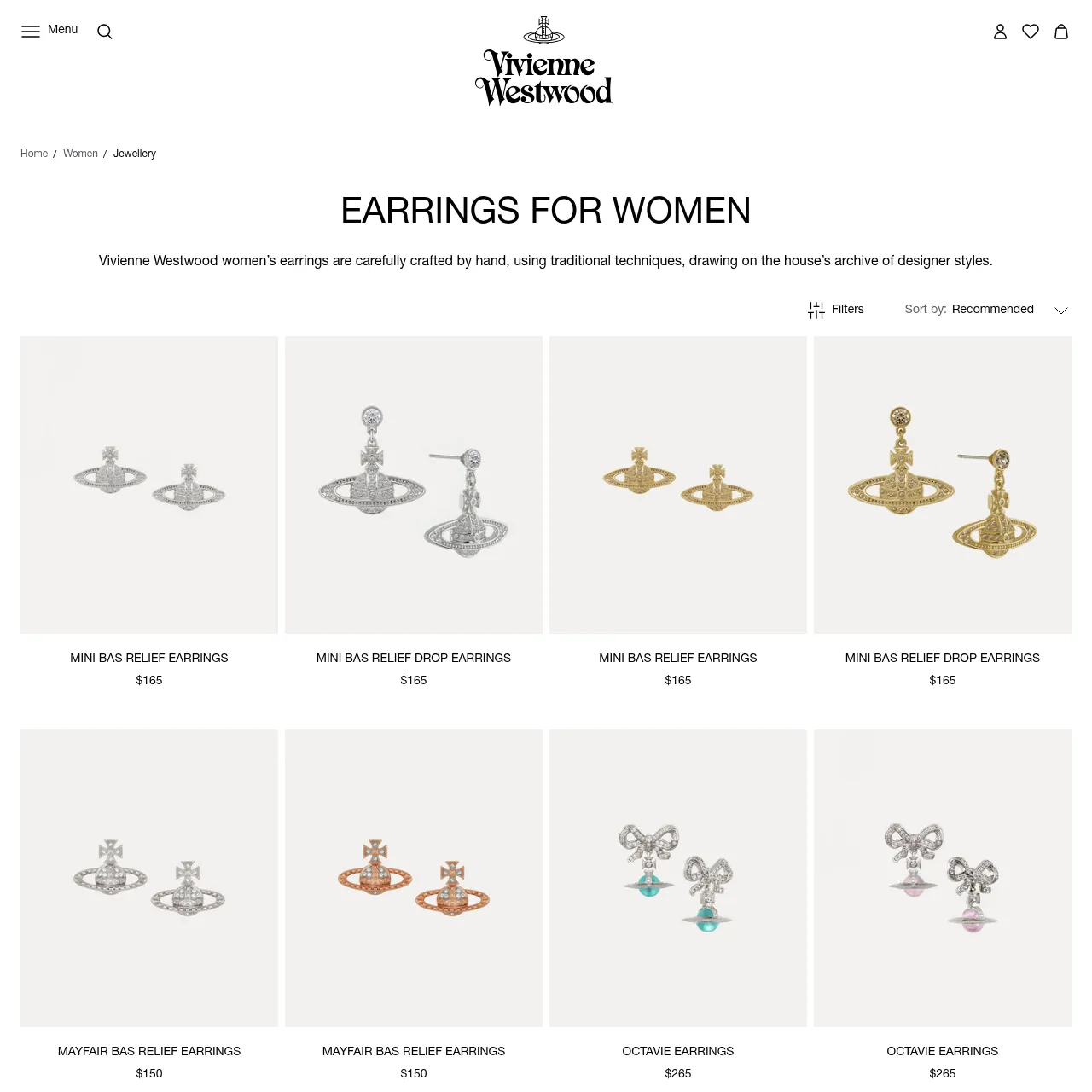 Vivienne Westwood Women's Earrings category page on the official US storefront