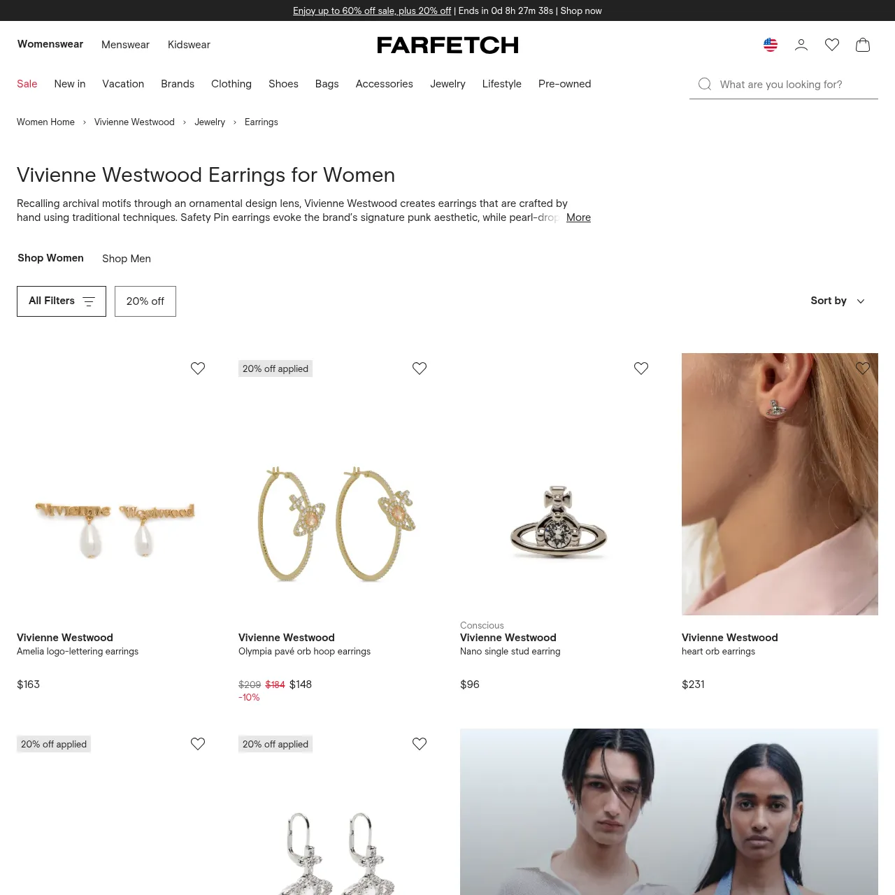 FARFETCH listing page for Vivienne Westwood women's earrings with promotional markdown indicators