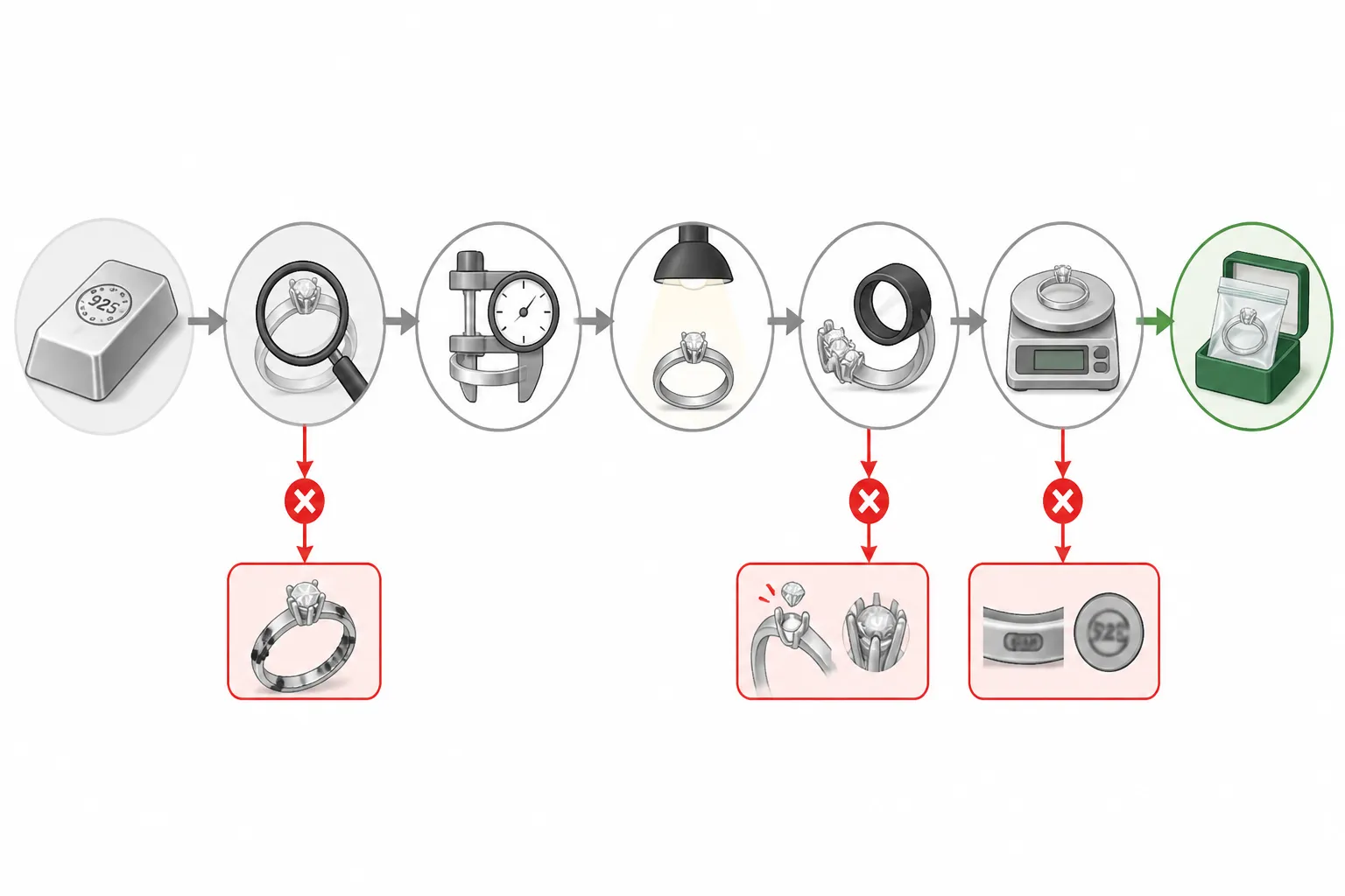 plata 925 - Diagrama anotado del proceso de control de calidad en joyería de plata 925: desde la recepción del material (lingote con sello 925) hasta el empaquetado final, con flechas que indican los puntos de inspección y los criterios de rechazo más comunes (manchas de oxidación, engarces flojos, sello ilegible)