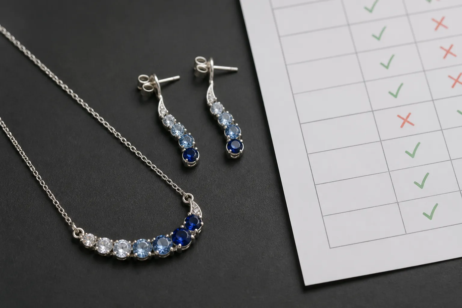 plata 925 - Foto editorial de un set de collar y pendientes de plata 925 con cristales degradados sobre fondo neutro oscuro, junto a una tabla comparativa impresa con los criterios de evaluación de proveedores marcados con check verde o aspa roja — simulando el proceso de calificación de un comprador profesional