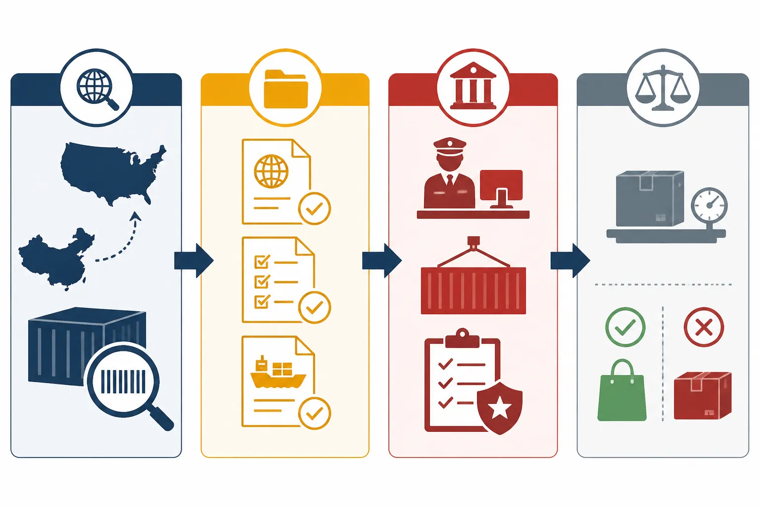 china trade deals opposition - Informational diagram illustrating the US import compliance checklist for China-origin goods — showing HTS classification, UFLPA documentation, CBP entry process, and de minimis thresholds as a step-by-step flowchart