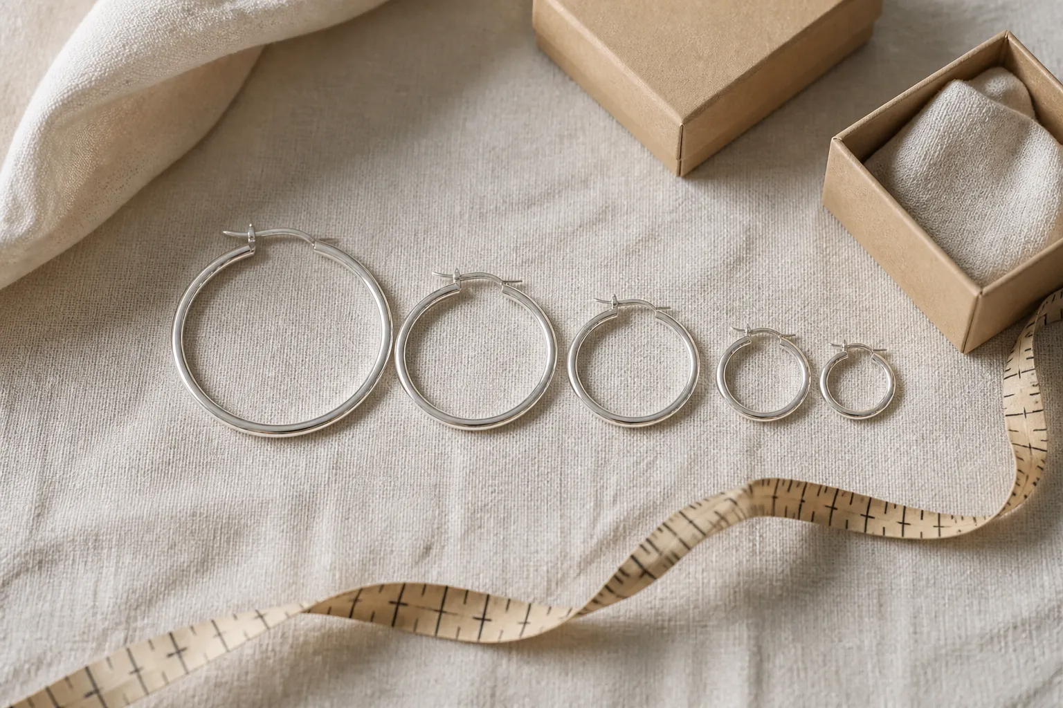 silver hoop earrings - Flat-lay editorial photo of assorted silver hoop earrings in multiple diameters on a neutral linen surface, styled with a measuring tape and jewelry packaging to convey product range and sizing