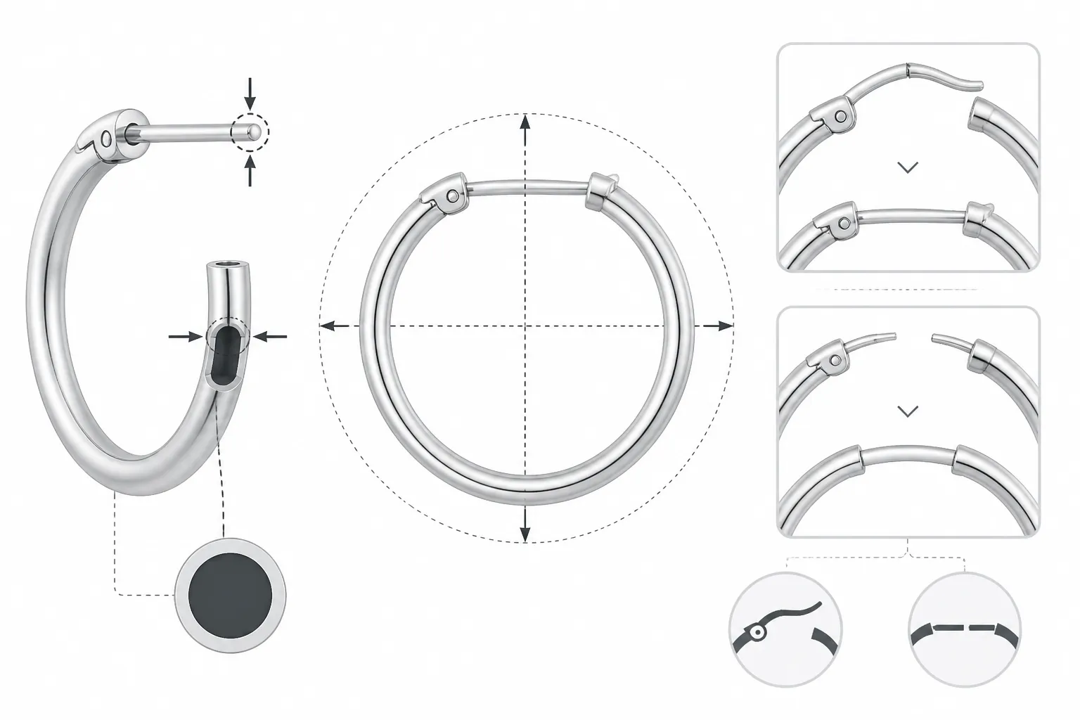 silver hoop earrings - Annotated diagram showing the anatomy of a silver hoop earring — wire diameter, hoop diameter, clasp type (click-top vs. continuous hoop), and post thickness — with US sizing conventions labeled in millimeters