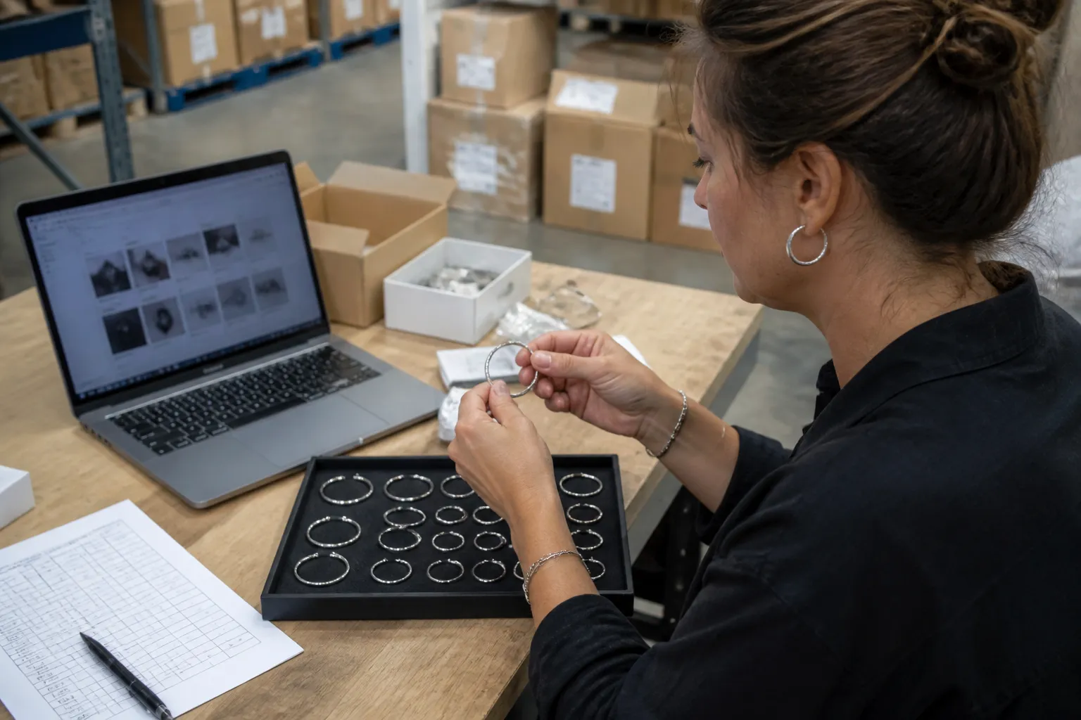 silver hoop earrings - Photorealistic scene of a US-based jewelry brand owner reviewing silver hoop earring samples at a warehouse desk, with a laptop showing a supplier portal, a quality inspection checklist, and assorted hoop samples in multiple sizes