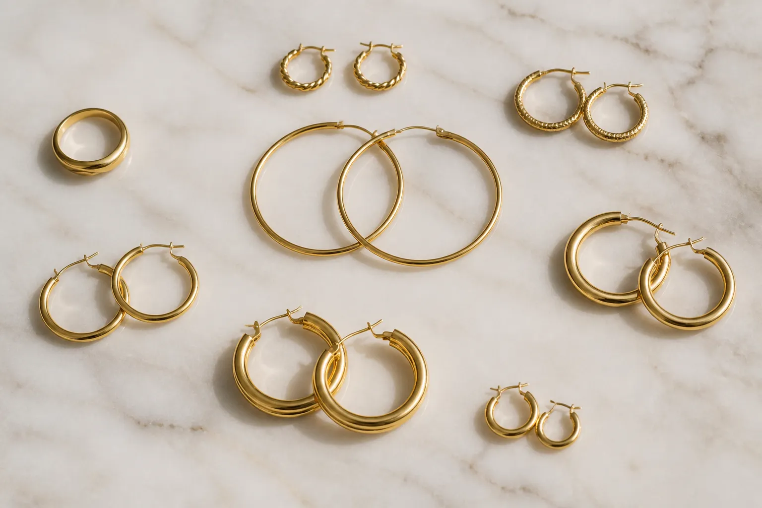 حلقة ذهب - Photorealistic flat-lay photograph of assorted gold hoop earrings and gold ring jewelry arranged on a white marble surface, warm studio lighting from above, mix of sizes from small classic hoops to large statement rings, clean minimalist styling, authentic product photography