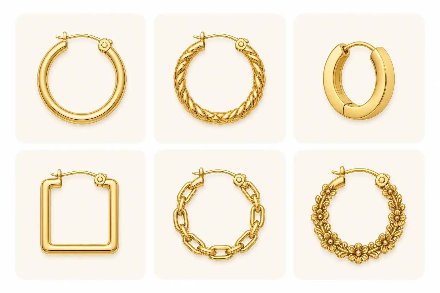 حلقة ذهب - Clean informational diagram showing six types of gold hoop earring styles arranged in a grid — classic round hoop, twisted hoop, huggie hoop, geometric square hoop, chain-link hoop, and vintage floral hoop — each labeled, flat design with gold and ivory color palette, white background, no text