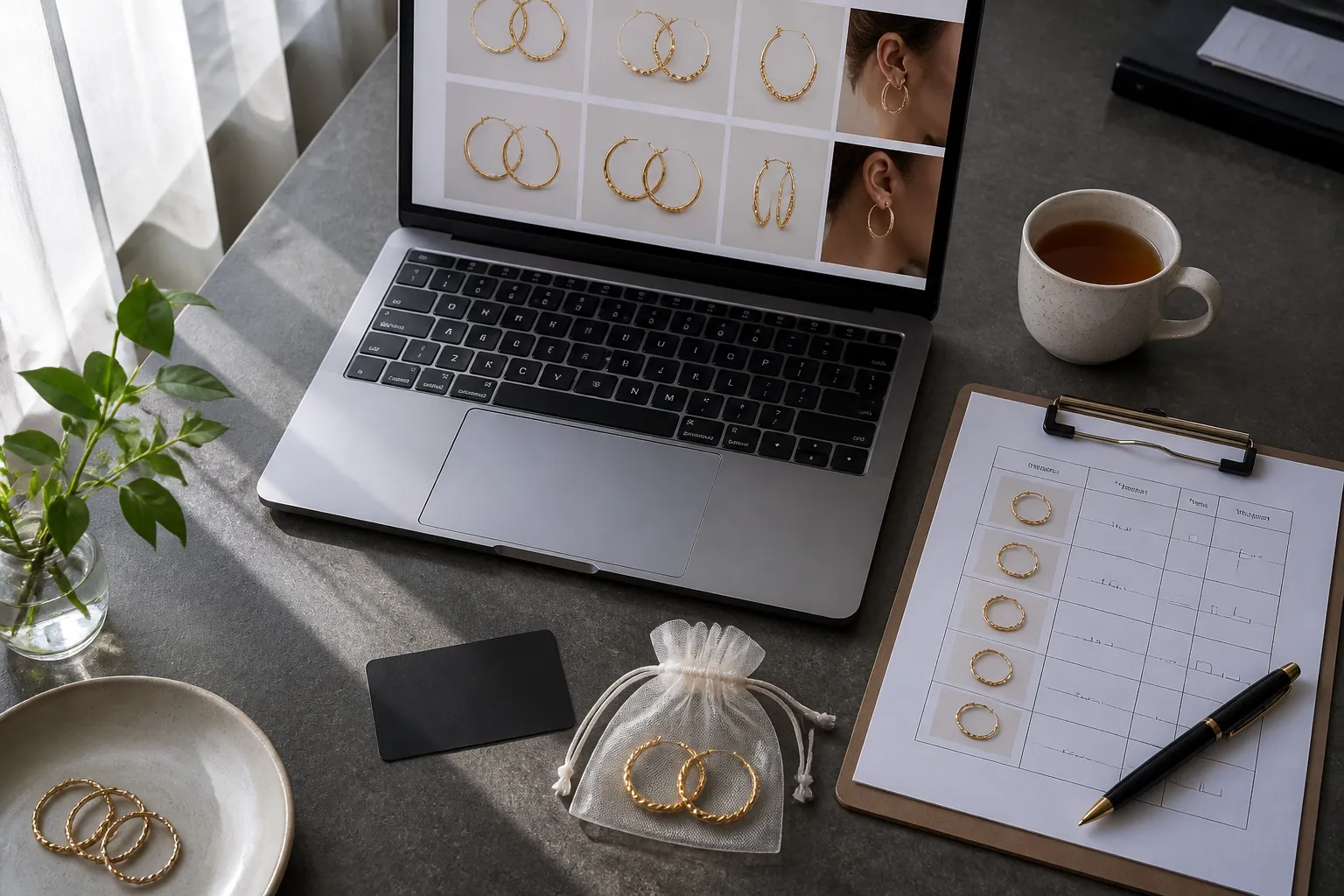 حلقة ذهب - Editorial top-down photo of a B2B procurement workspace: open laptop showing a jewelry supplier catalog with gold hoop earring samples, printed quality control checklist on clipboard, small jewelry sample bag with gold hoops, business card, and a cup of tea — natural window light from the left, authentic business atmosphere
