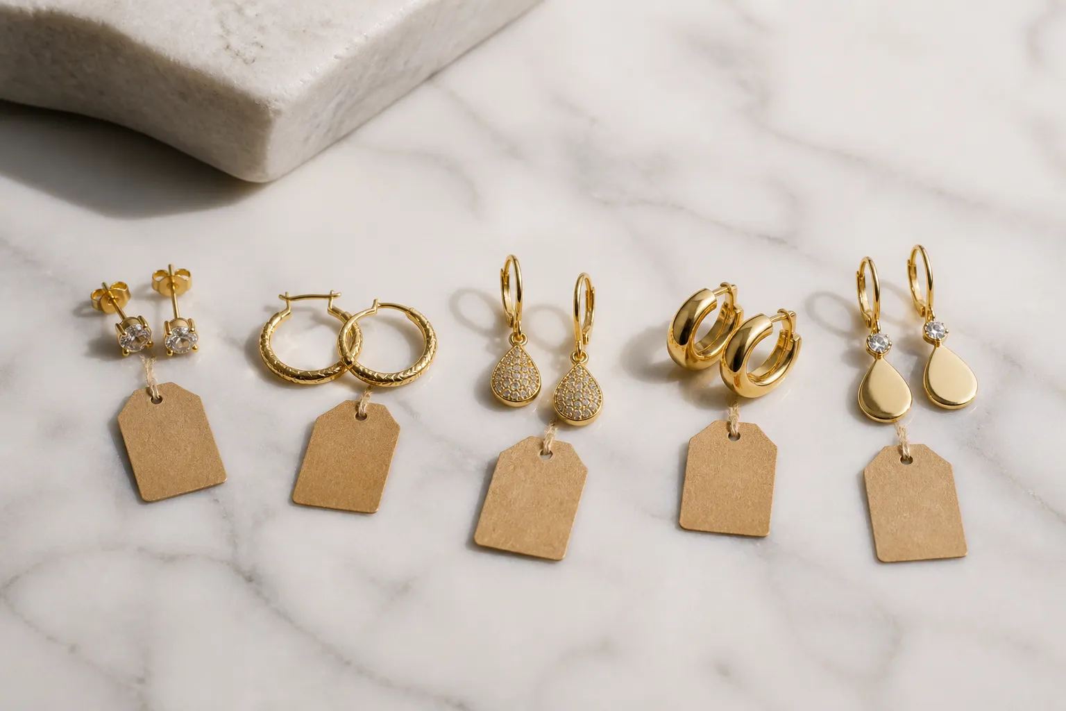 pendientes oro - Selección editorial de pendientes de oro en diferentes quilates y estilos — colgantes, argollas y solitarios — sobre superficie de mármol blanco con etiquetas de precio visibles