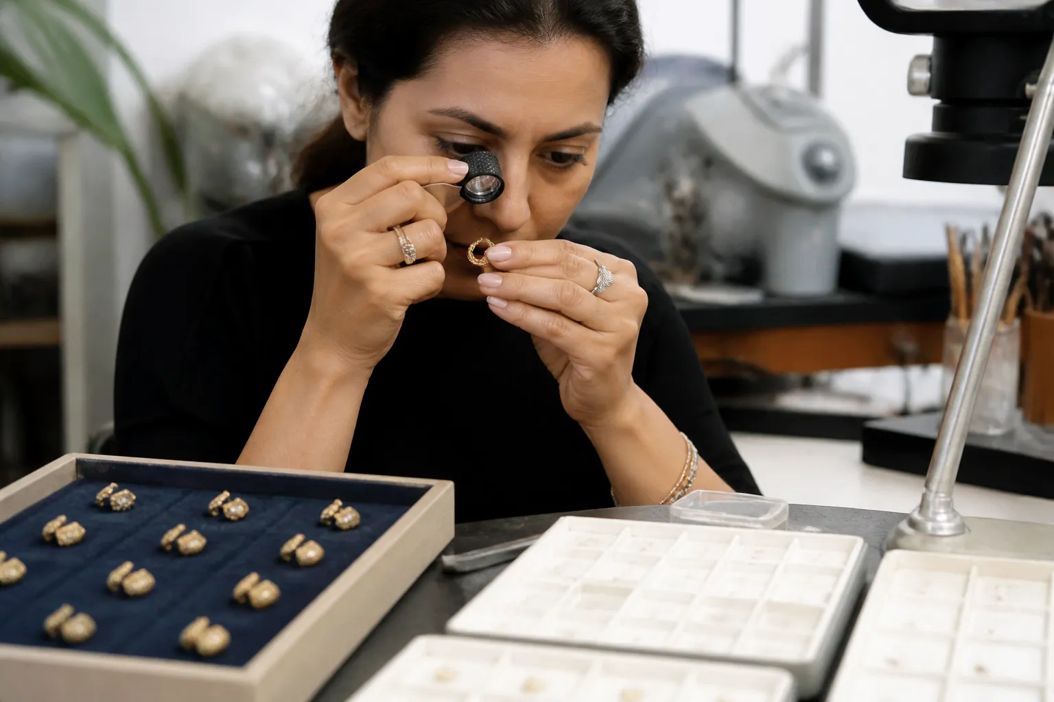 pendientes oro - Inspector de calidad en taller de joyería revisando pendientes de oro bajo lupa con fichas de control de calidad visibles en primer plano