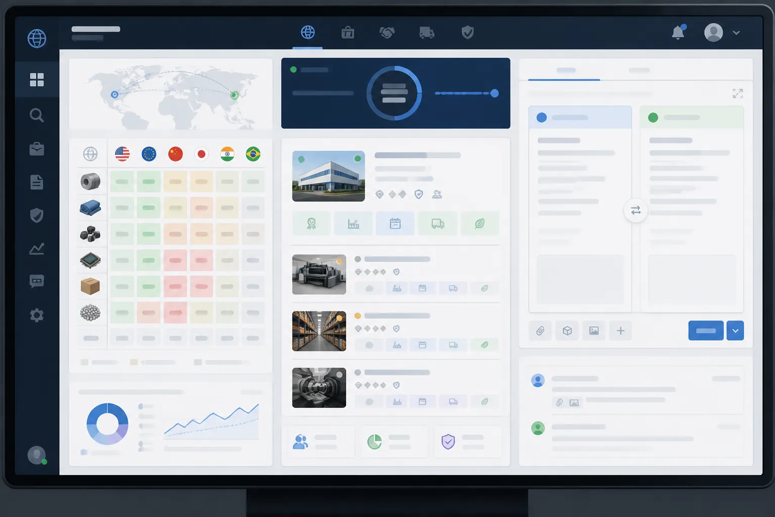 trade deal today - Annotated UI mockup showing a cross-border trade platform dashboard — left panel displays active trade deal tariff schedules by country, center panel shows a live supplier matchmaking result in under 3 seconds, right panel shows an AI-drafted multilingual inquiry response in English and Arabic