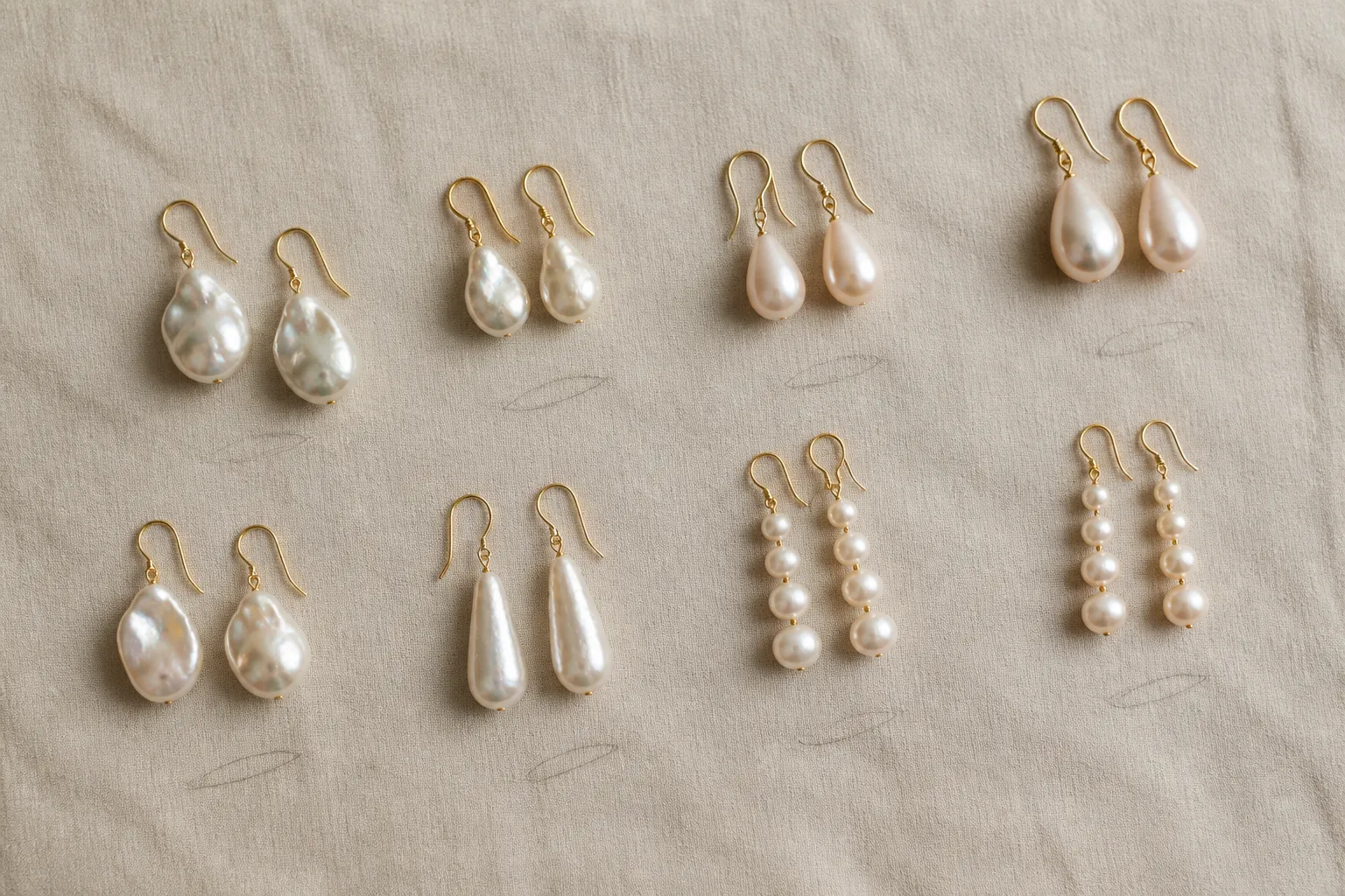 pearl drop earrings - Flat-lay editorial photo of a curated assortment of pearl drop earring styles — baroque, teardrop, and graduated — arranged by silhouette family on a neutral linen surface, with handwritten style codes visible for catalog planning context