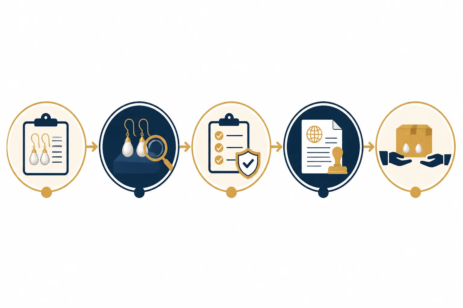 pearl drop earrings - Informational diagram showing a cross-border pearl drop earring sourcing workflow — from buyer brief submission through sample approval, QC inspection, customs documentation, and final delivery — with supplier touchpoints labeled at each stage and estimated timeline benchmarks