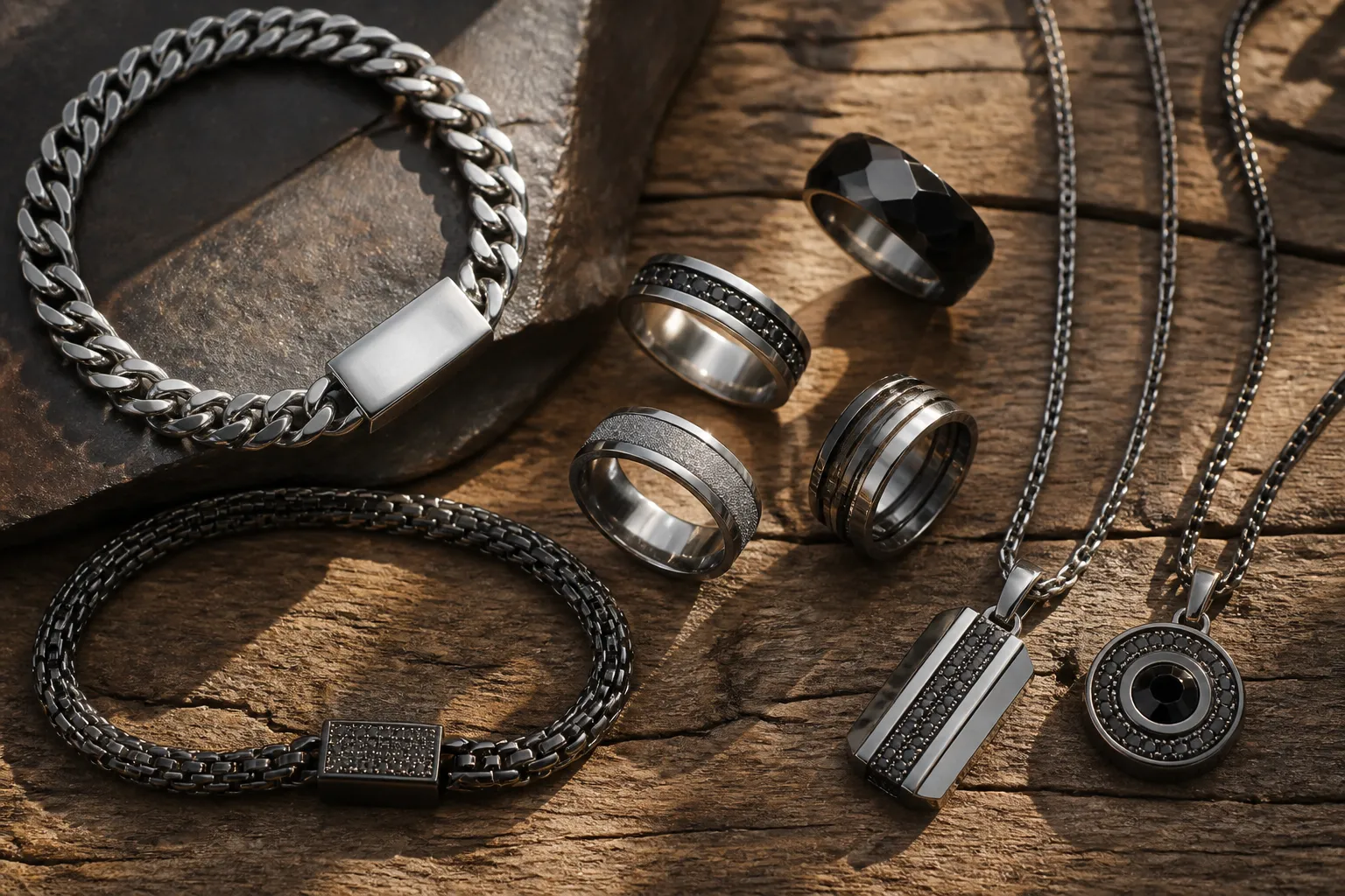 bijoux homme - Photo éditoriale d'un assortiment de bijoux homme — anneaux, bracelets et colliers en acier et cristal disposés sur une surface en bois brut, éclairage naturel