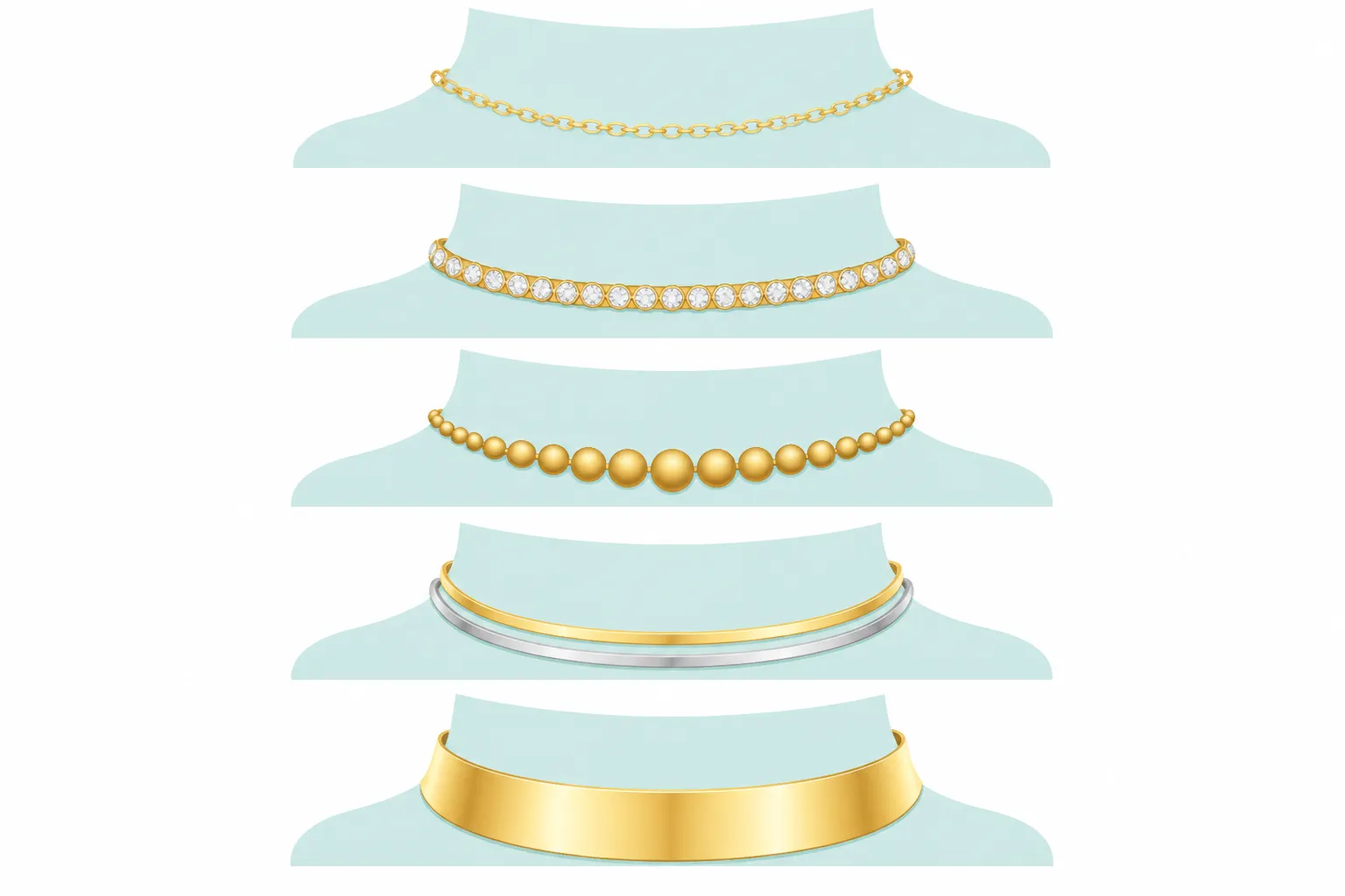 خناقه ذهب - Clean flat-design infographic showing five types of gold chokers arranged vertically with Arabic labels — delicate chain, rhinestone, gradient bead, two-tone, and wide band — each with a simplified icon showing the distinct visual profile, teal and gold color palette, white background, no decorative elements