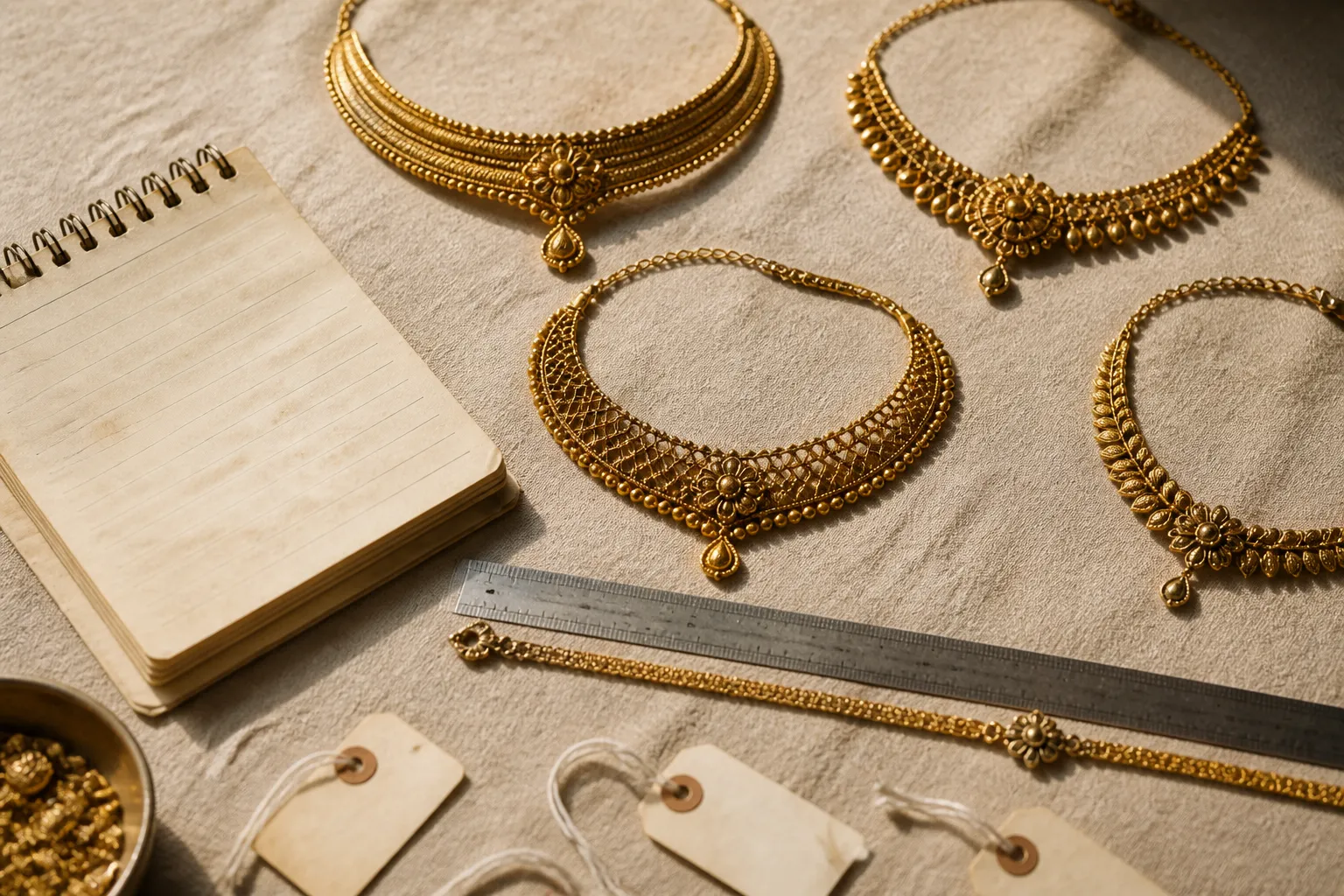 خناقه ذهب - Editorial top-down photo of a flat-lay jewelry workspace — several gold choker necklaces of different styles laid on natural linen fabric, alongside a small handwritten order notepad, a ruler measuring a necklace length, and inspection tags, warm directional side light creating soft shadows, authentic procurement-inspection atmosphere
