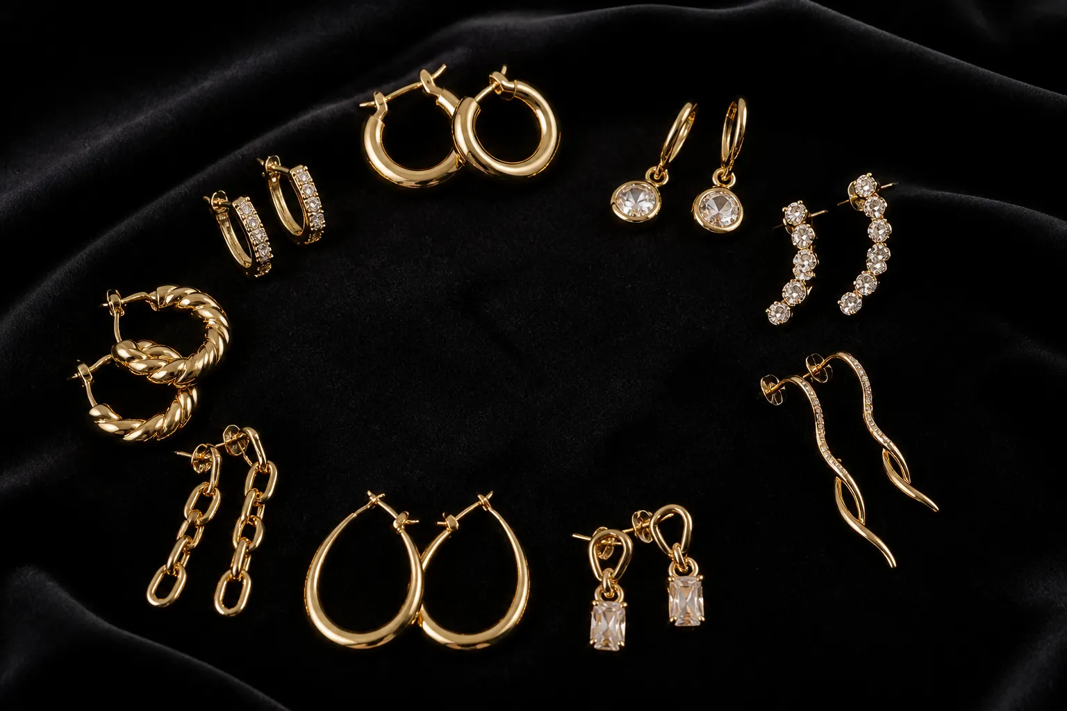 pendientes de oro mujer - Fotografía editorial de una variedad de pendientes de oro para mujer dispuestos sobre terciopelo negro — aros, colgantes y trepadores con diferentes quilates y acabados
