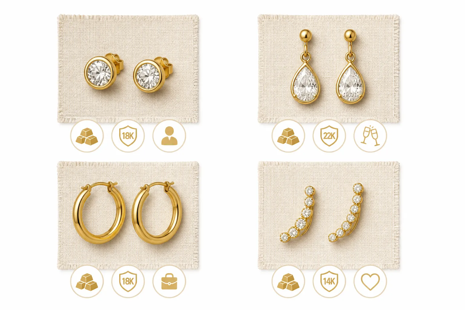 pendientes de oro mujer - Diagrama comparativo de tipos de pendientes de oro para mujer — studs, colgantes, aros y trepadores — con etiquetas que indican material, quilataje y ocasión de uso recomendada