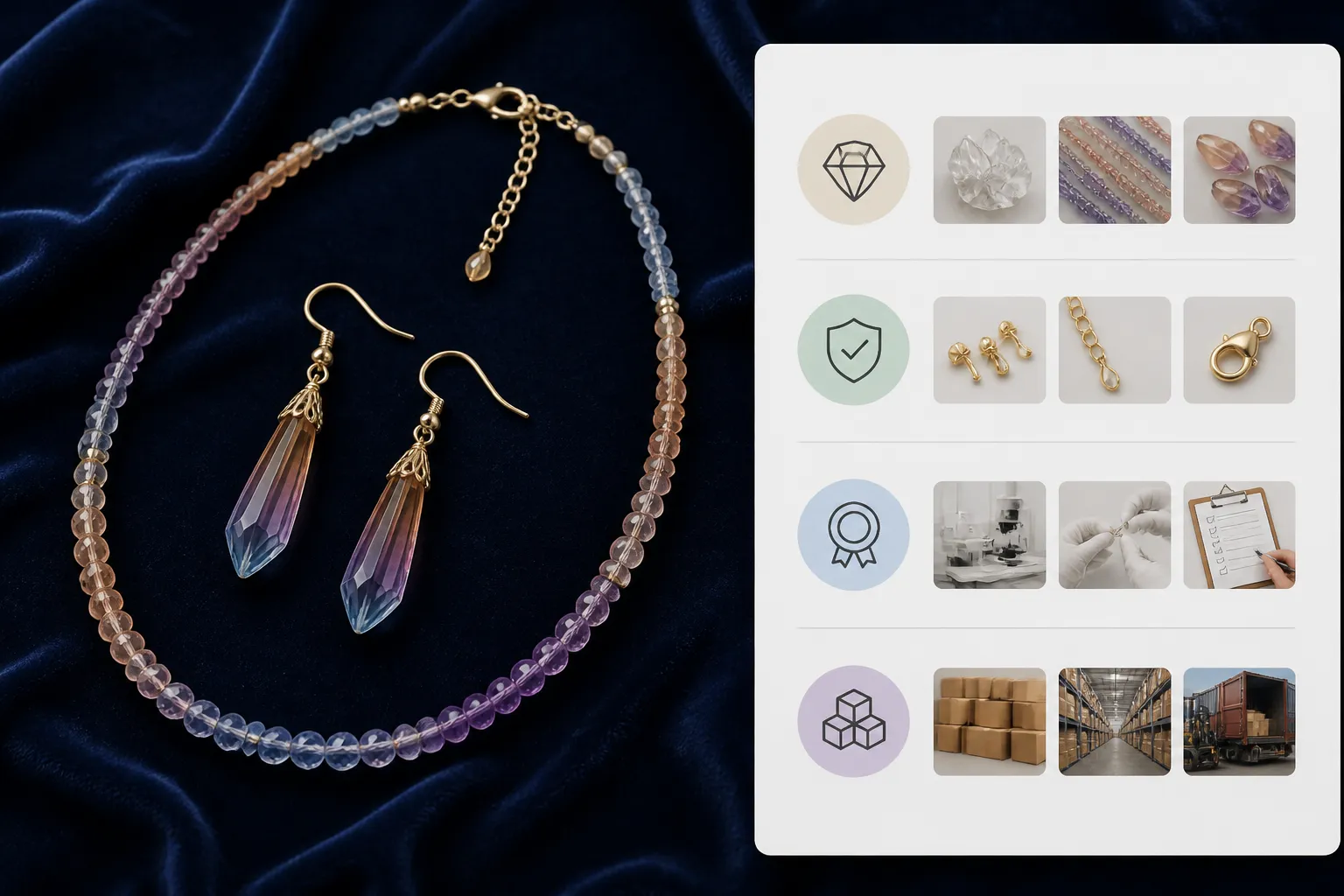 unechter schmuck - Nahaufnahme eines Gradient-Kristall-Ohrringssets und eines Glasperlen-Colliers auf samtigem Dunkelblau, mit eingeblendetem Qualitäts-Checklist-Diagramm: Material, Beschichtung, Zertifizierung, MOQ