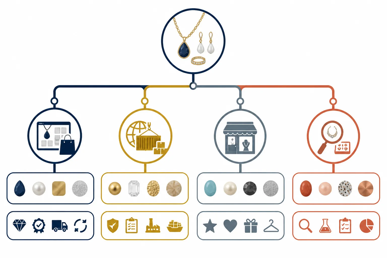 unechter schmuck - Infografik-Stil: Entscheidungsbaum "Welche Schmuck-Alternative passt zu Ihrem Geschäftsmodell?" mit vier Pfaden (DTC-Brand, Importeur, Boutique, Tester) und empfohlenen Materialien und Lieferanten-Kriterien je Pfad