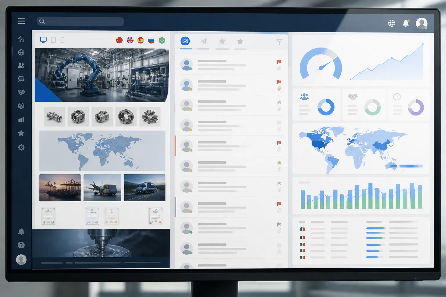 made trade - Annotated UI mockup of the Link4a Sitebox dashboard showing a Chinese factory's branded export site going live, with multilingual landing pages, inquiry inbox, and matchmaking engine metrics displayed side by side