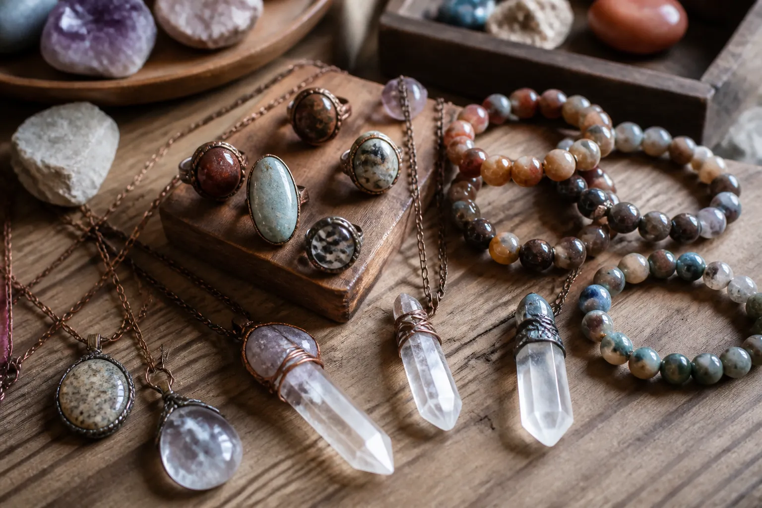 bijoux cailloux - Photo éditoriale d'une collection de bijoux artisanaux en pierres naturelles (quartz, jaspe, agate) disposés sur une surface en bois brut — ambiance boutique artisanale française