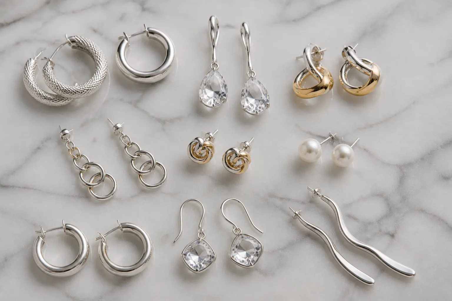 pendientes plata mujer - Flatlay editorial de una selección de pendientes de plata para mujer sobre mármol blanco, mostrando estilos variados: aros, colgantes de cristal, aretes de perla y diseños de dos tonos