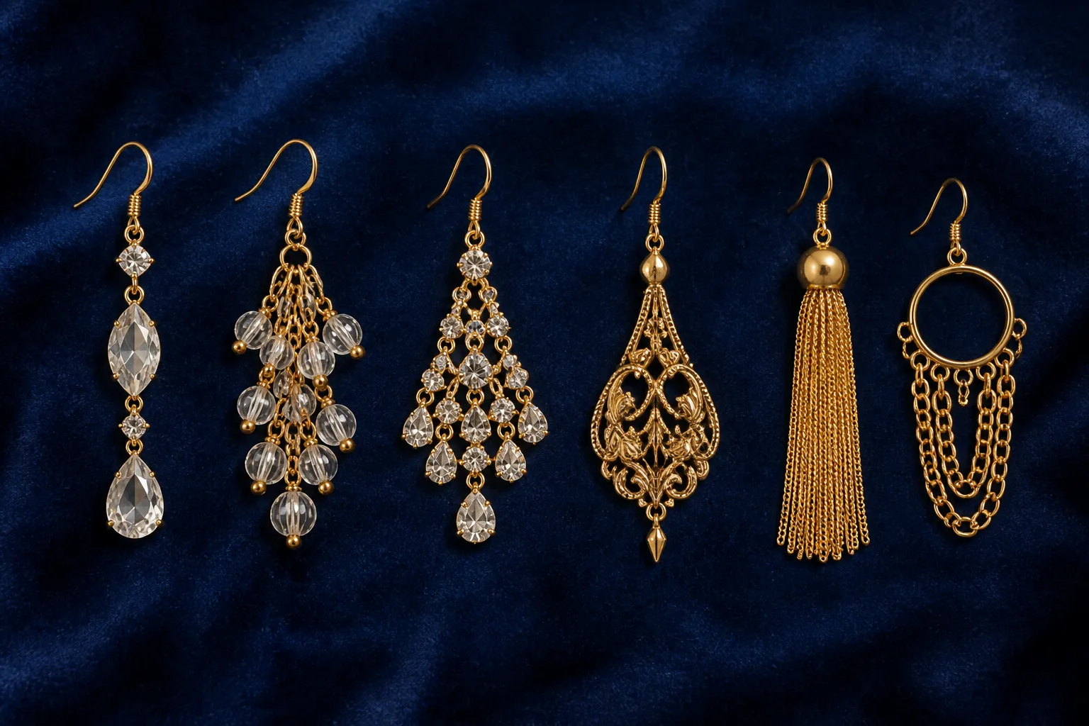goldene hängende ohrringe - Flachaufnahme von verschiedenen goldenen hängenden Ohrringen unterschiedlicher Stile nebeneinander auf einer Samtunterlage – Kristall, Glasperlen, Strass, Vintage – als Produktvergleich für B2B-Einkäufer