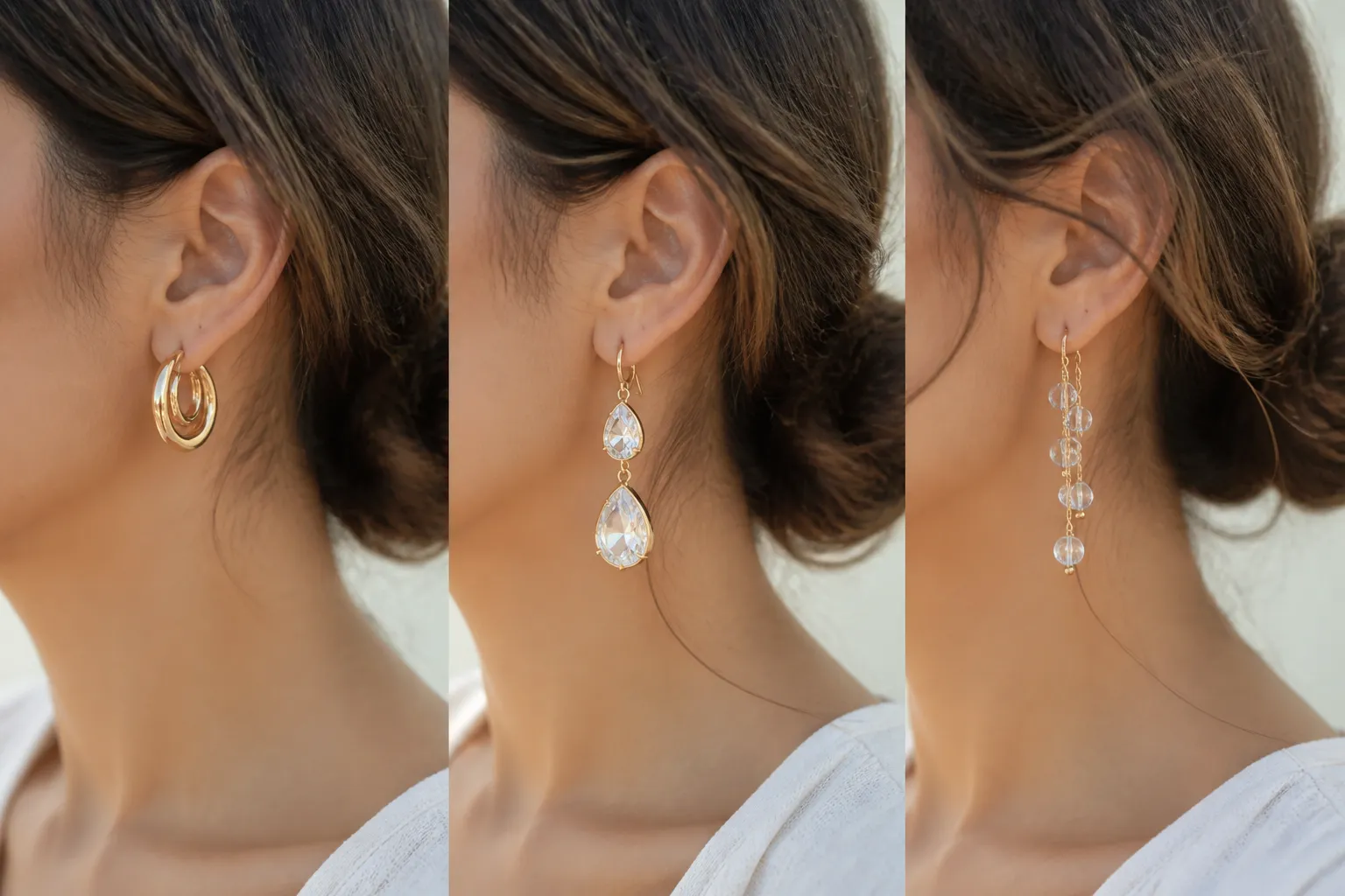 goldene hängende ohrringe - Seitenansicht einer Frau, die verschiedene Ohrhänger-Stile trägt – goldene Klassiker links, Kristalltropfen Mitte, Glasperlen rechts – als visueller Stilvergleich für Einkaufsentscheidungen
