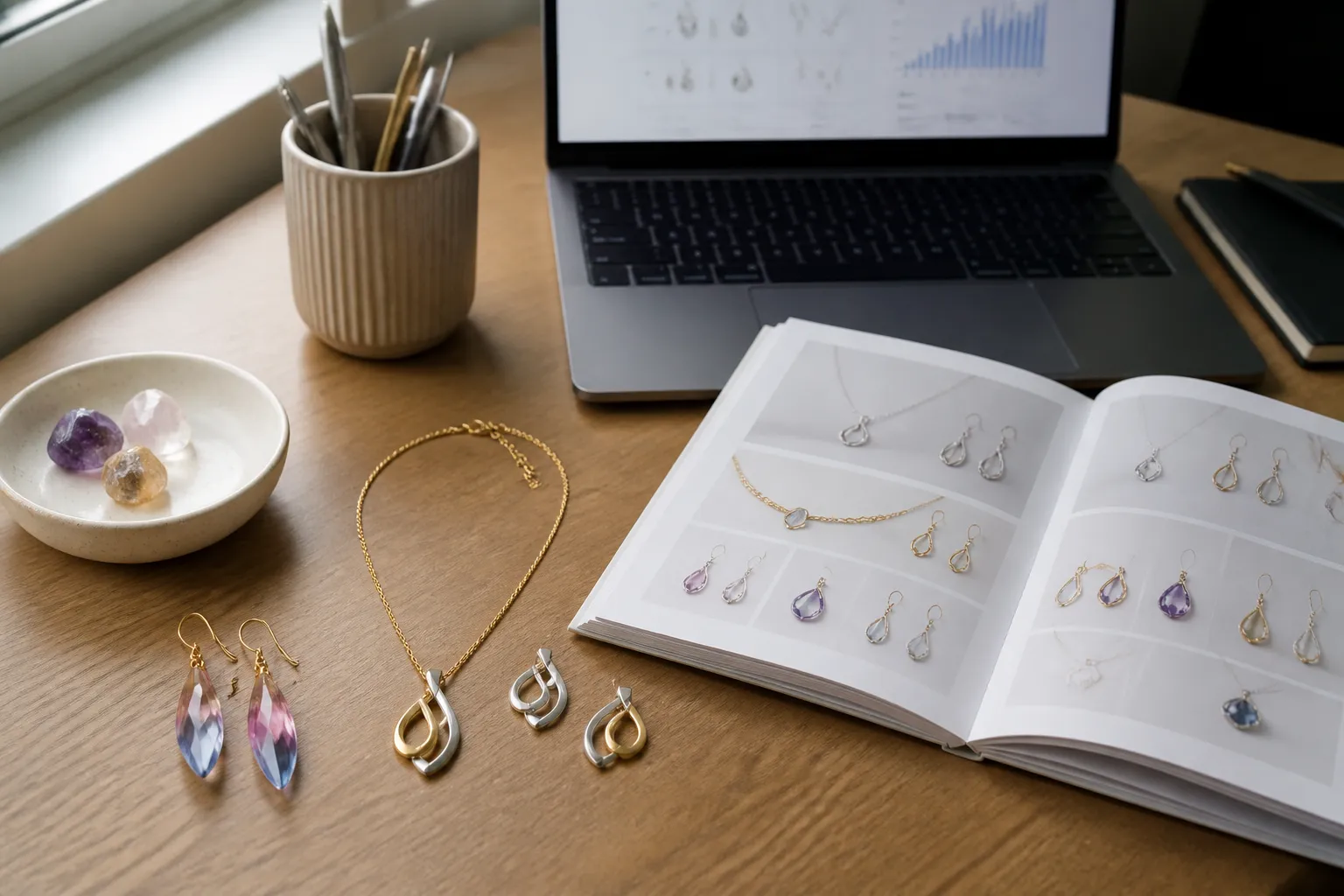 bijoux cailloux - Photo de bureau d'un acheteur B2B comparant des échantillons de bijoux — boucles d'oreilles en cristal gradient, set collier-boucles deux tons — avec un catalogue fournisseur OEM ouvert et un tableau de bord e-commerce visible en arrière-plan
