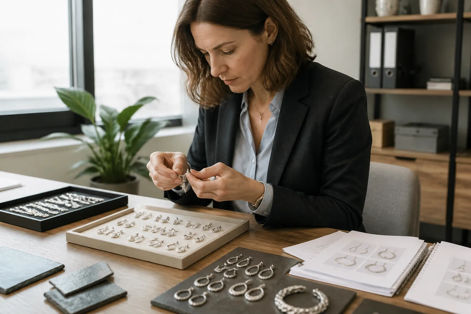 pendientes plata mujer - Foto editorial de una mujer mirando una selección de pendientes de plata sobre una mesa de trabajo profesional, con documentos de cotización y muestras de joyería al fondo, evocando el proceso de decisión de compra B2B