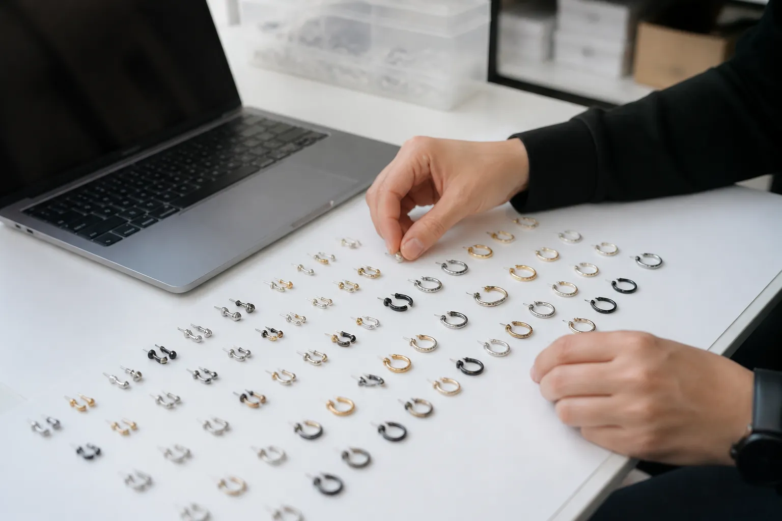 men earrings - Photorealistic image of a procurement buyer reviewing a men's earring sample collection laid out on a white inspection table, with a laptop showing a sourcing inquiry form, representing the evaluation stage of a B2B buying process