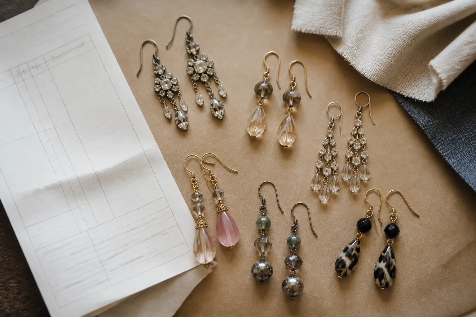 dangle earrings - Flat-lay editorial photo of a curated assortment of dangle earrings — vintage crystal drops, two-tone glass bead styles, and rhinestone cascades — arranged on a kraft paper surface alongside a purchase order and fabric swatch, representing a cross-border B2B sourcing workflow