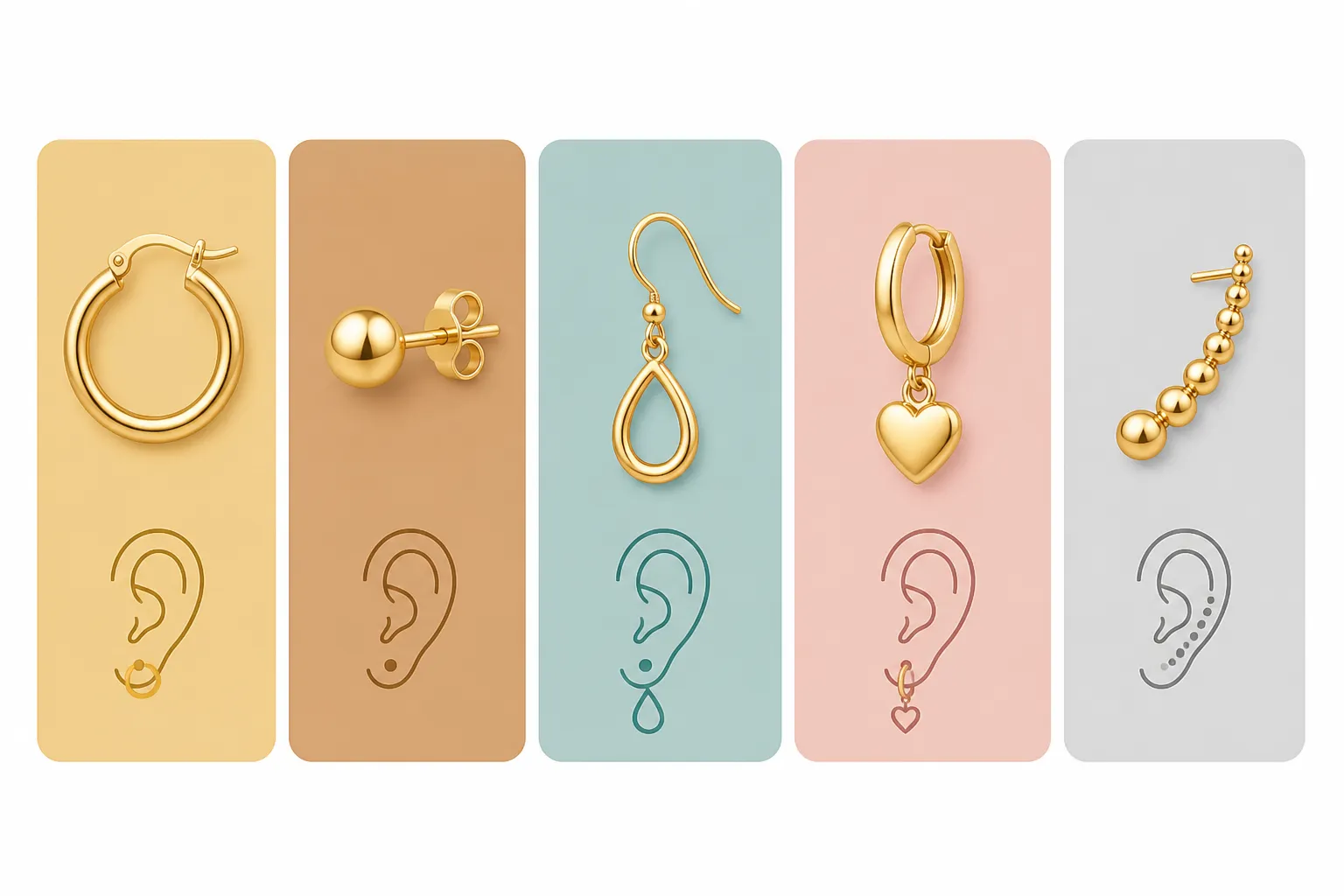 طبلة ذهب - Clean flat-design informational diagram showing five types of طبلة ذهب earring styles arranged in a horizontal row, each labeled with its Arabic name, color-coded backgrounds (gold, bronze, teal, rose, silver), minimal icons, white background, no text typography